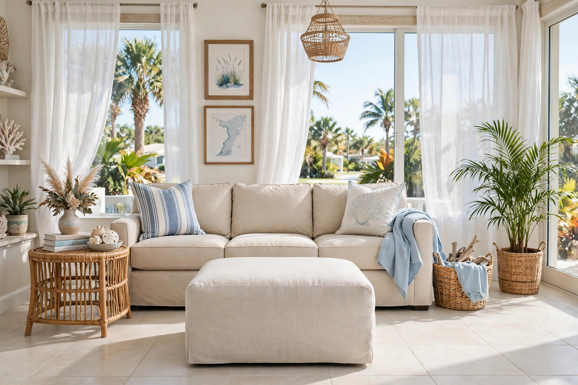 living room ottomans florida homes usa: A bright living room ottoman in a Florida-style living room
