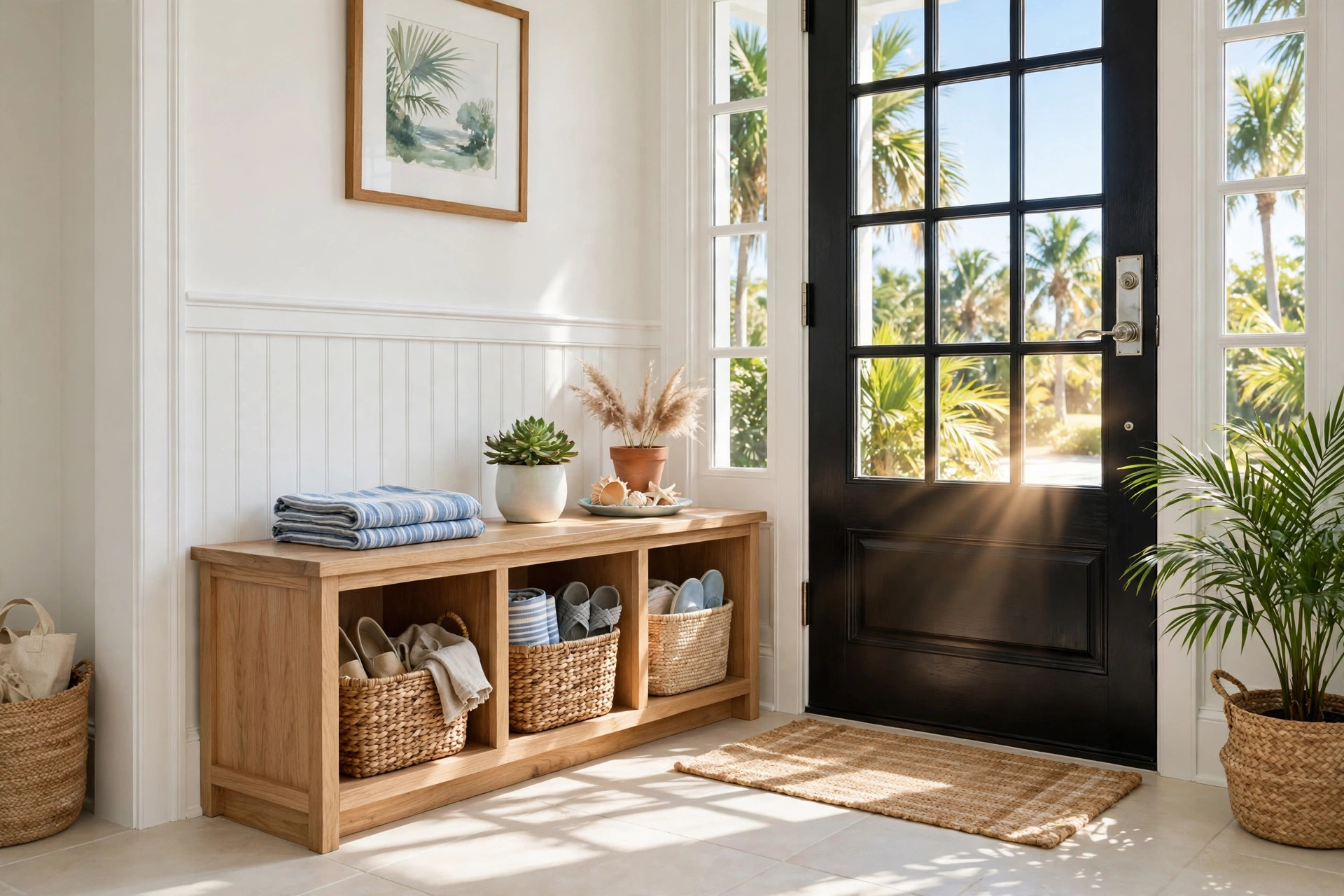 entryway storage benches florida homes usa: Entryway storage bench with baskets in a bright Florida home entryway