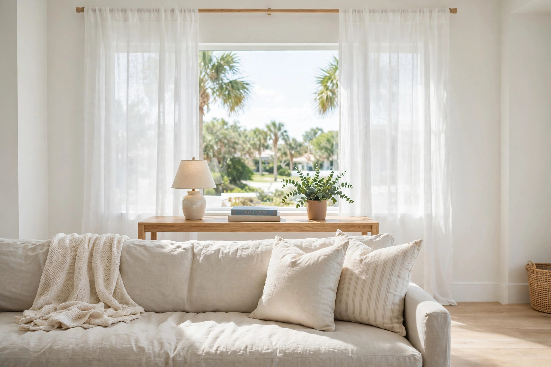 Sofa console tables florida homes usa buyers choose: a long narrow table behind a light sofa in a sunny living room