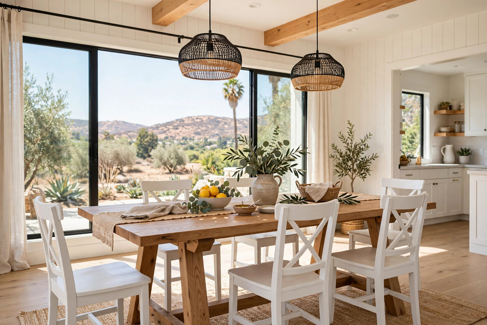 modern farmhouse tables california homes usa: Modern farmhouse dining table in a bright California home