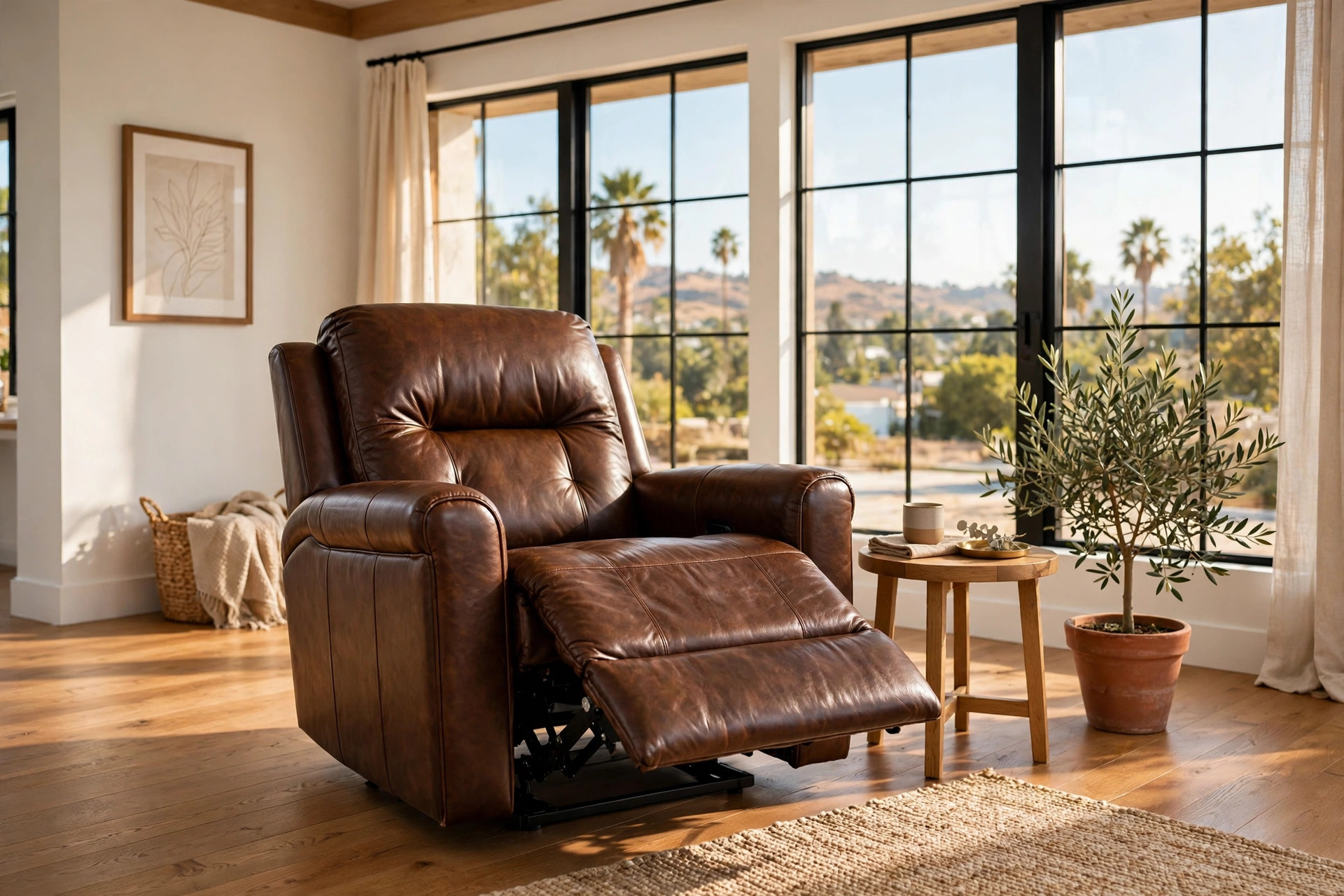 leather recliner chairs california homes usa: Brown leather recliner chair in a California living room