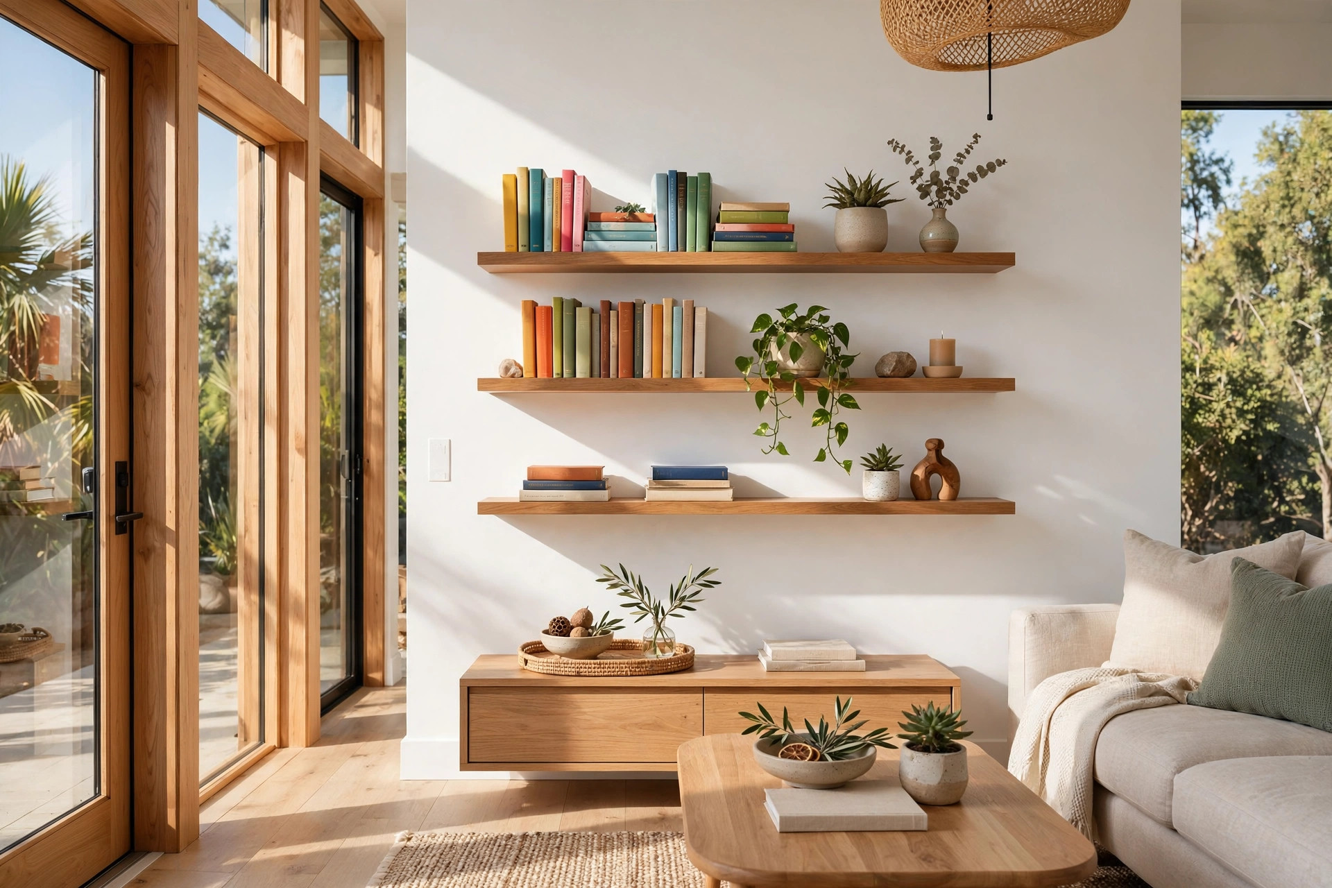 modern wall bookshelves california homes usa: Modern wall bookshelves mounted in a bright California living room