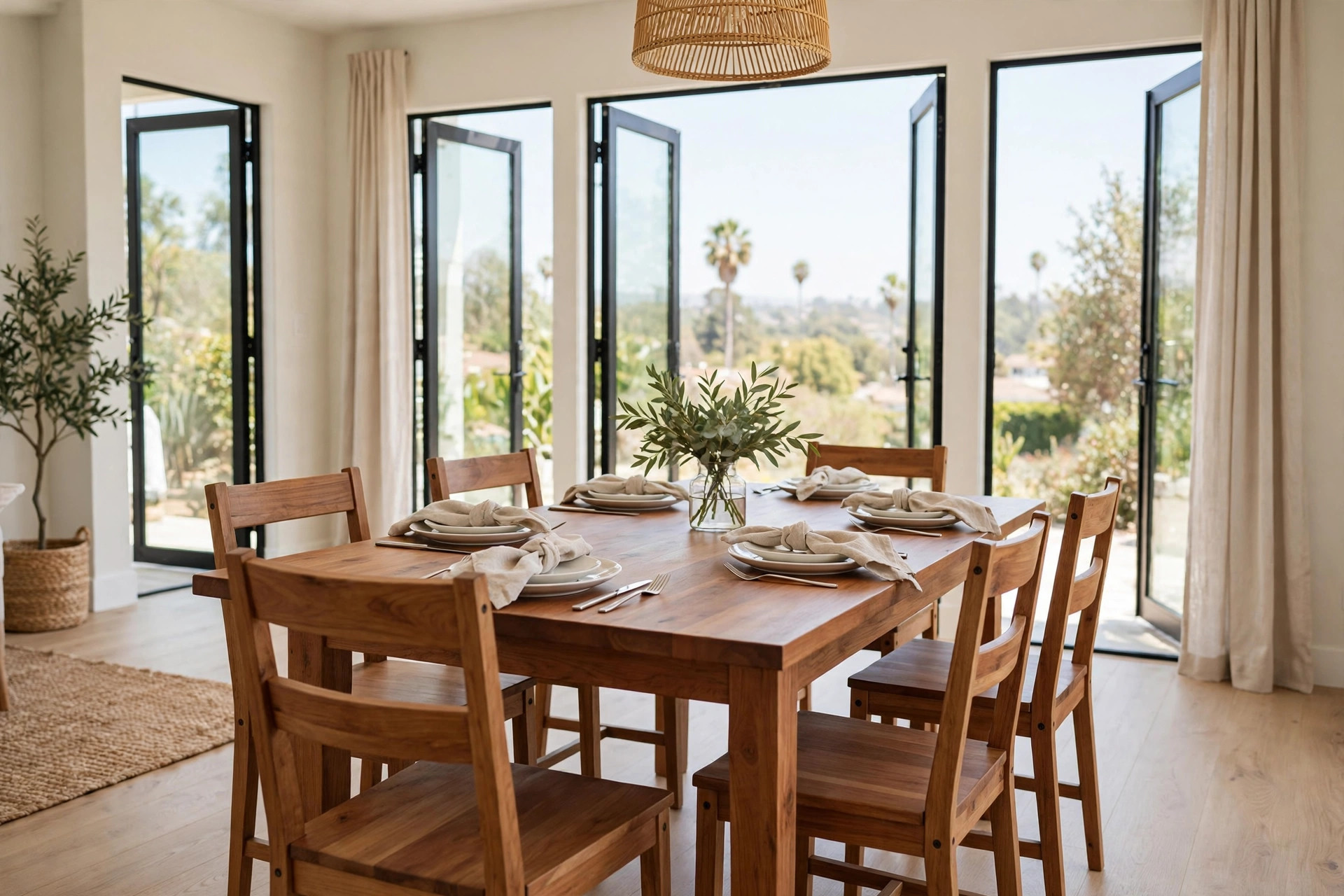 dining room sets california homes usa: A warm wood dining room set with six chairs in a bright California dining room
