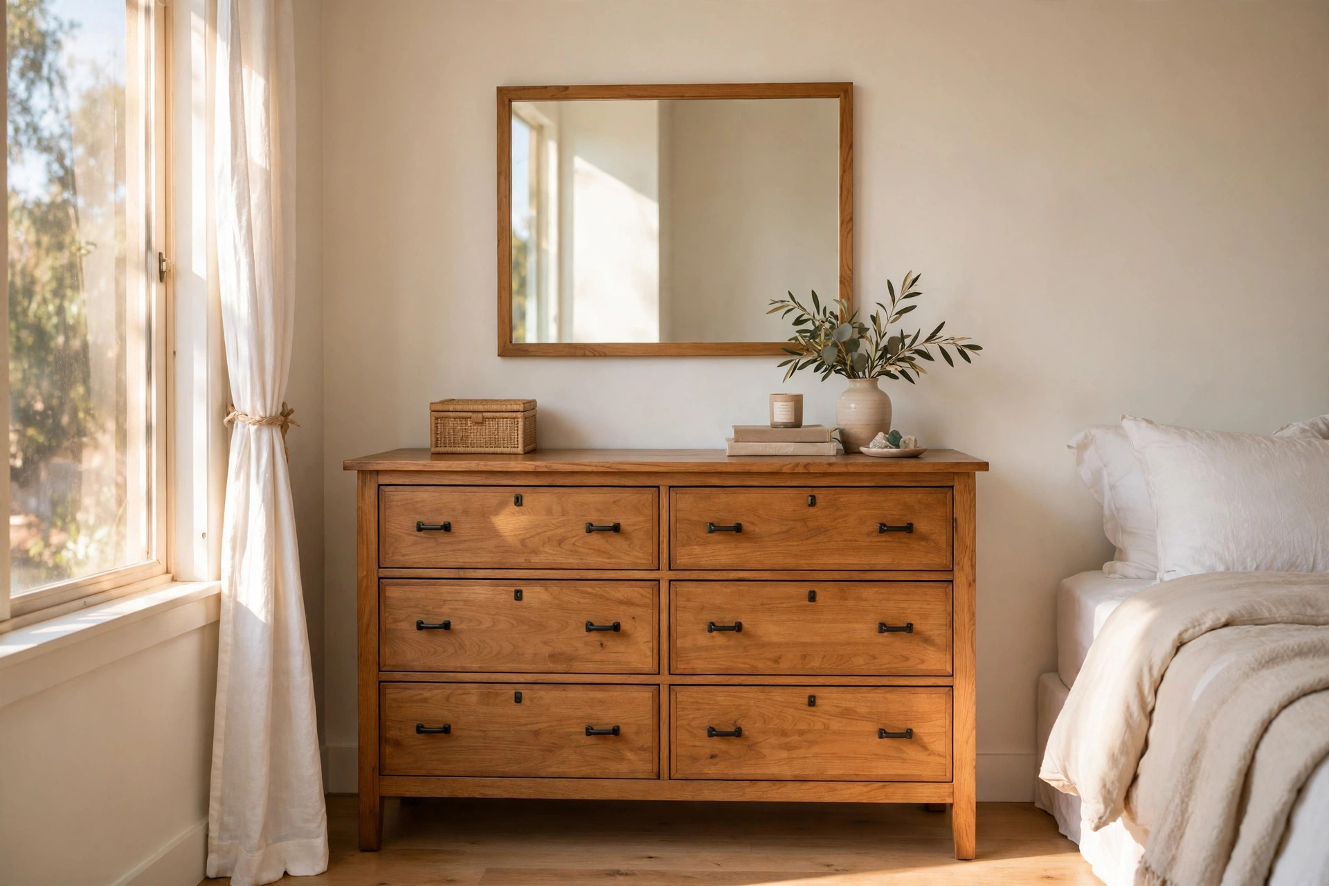 bedroom dressers mirror california homes usa: Wooden dresser with a mirror in a California bedroom