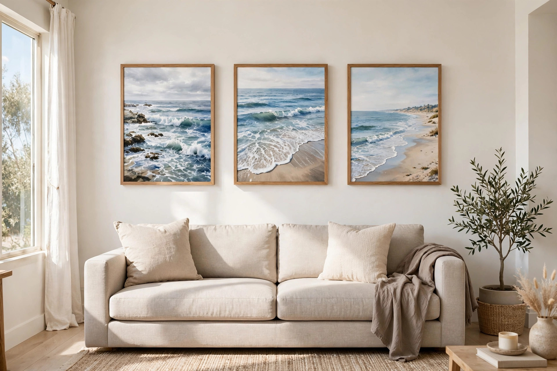 living room wall art california homes usa: Framed canvas prints of coastal scenes on a bright living room wall