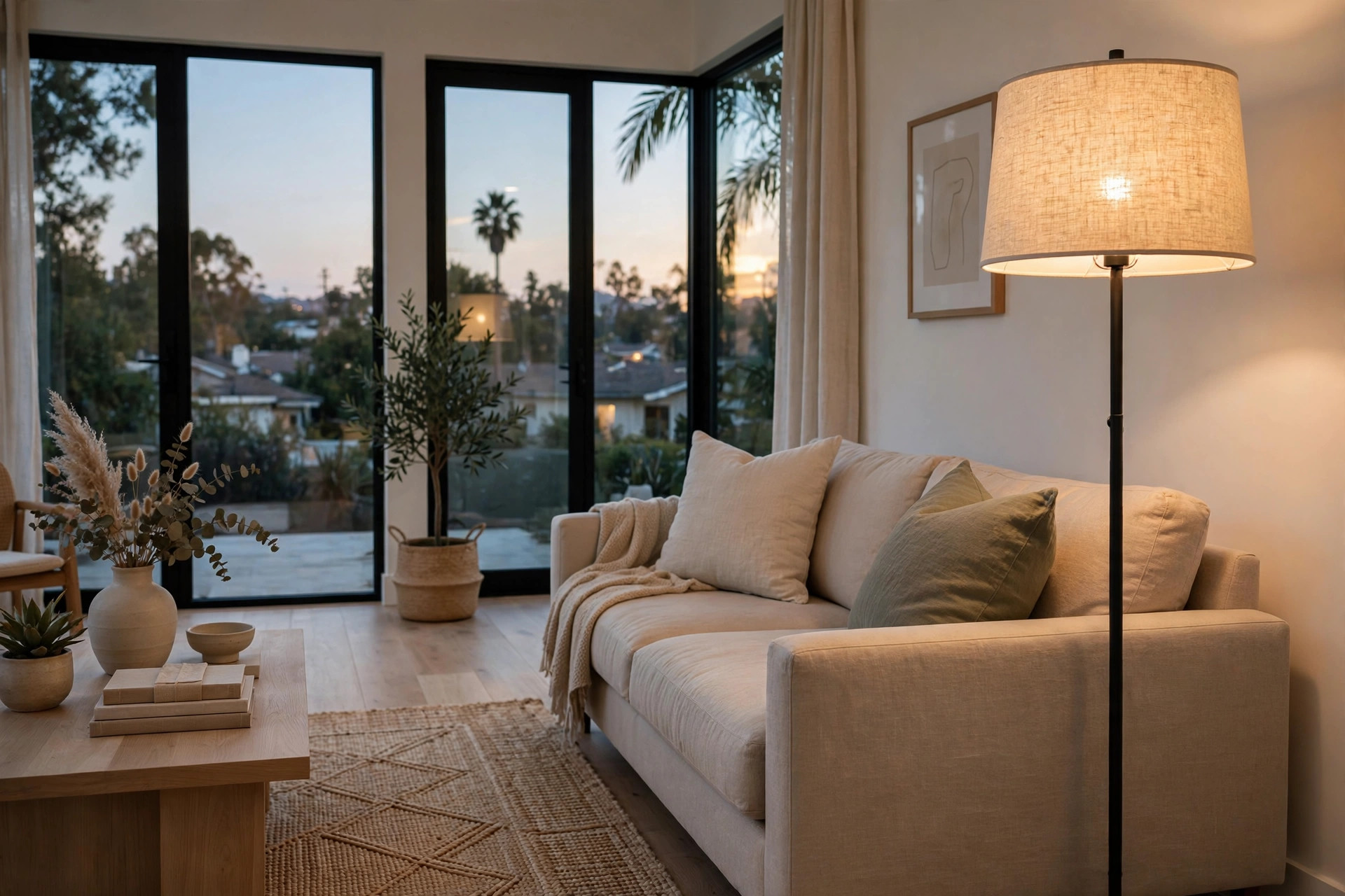 living room floor lamps california homes usa: Living room floor lamp glowing beside a sofa in a bright California living room