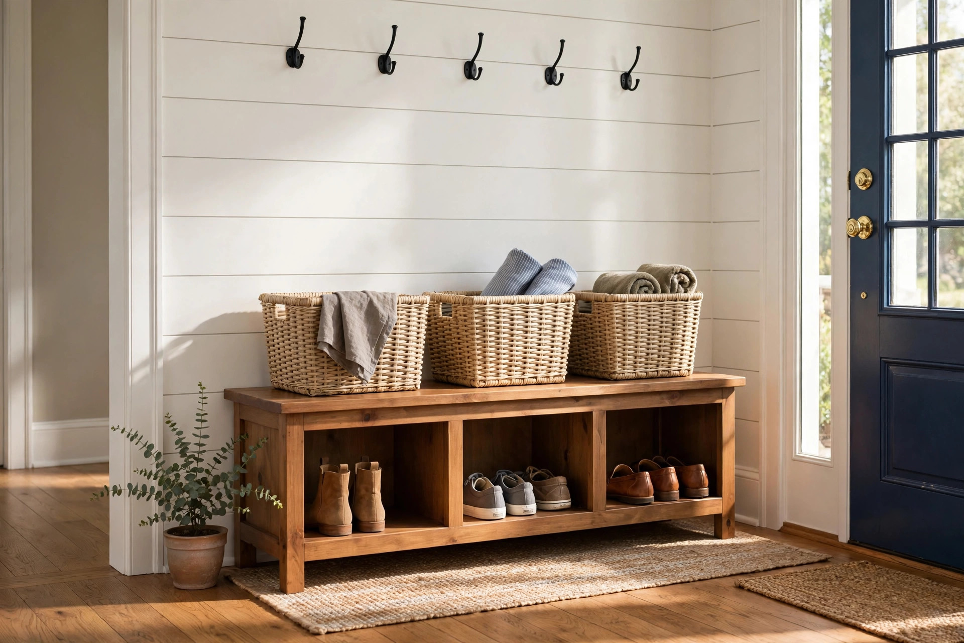 entryway storage benches california homes usa: A wooden entryway storage bench with woven baskets in a bright California home foyer