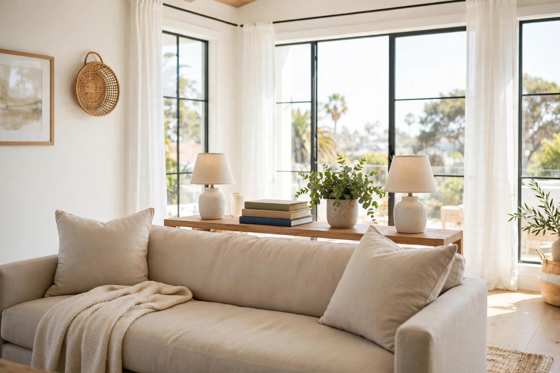 sofa console tables california homes usa: Sofa console table behind a sofa in a bright California living room