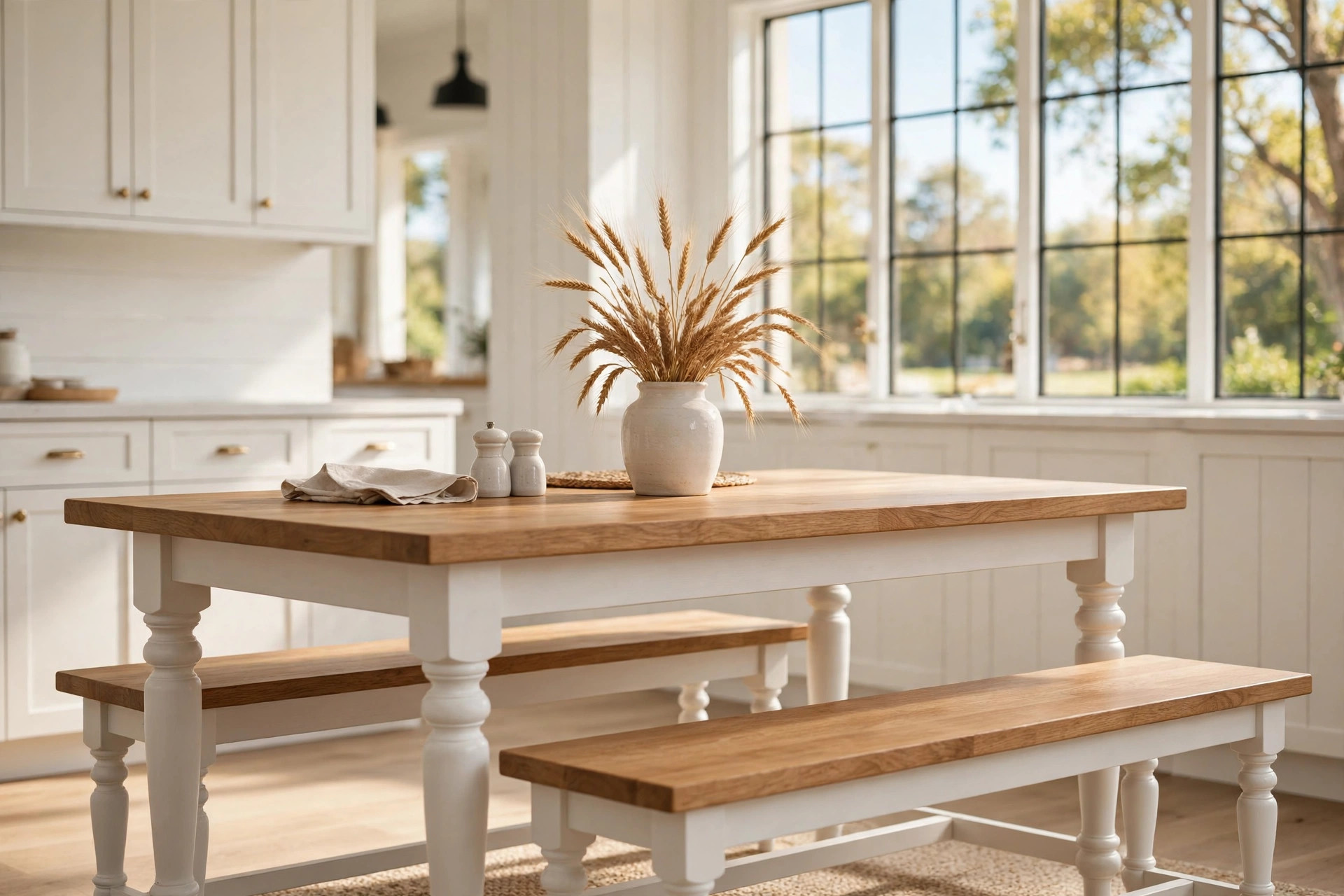 modern farmhouse tables american homes guide: A modern farmhouse dining table in a bright American home kitchen