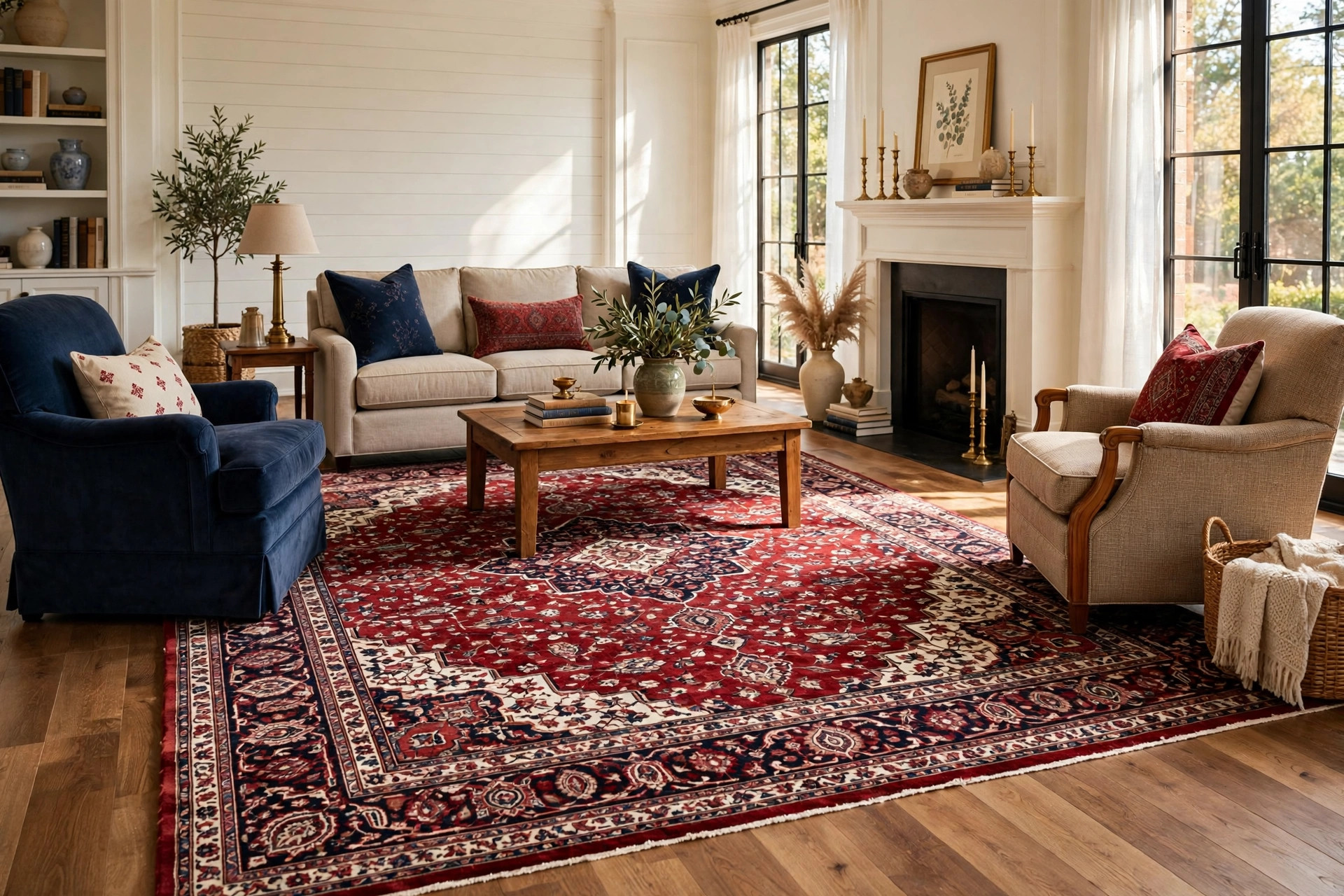 luxury area rugs american homes guide: A luxury area rug in an elegant American living room