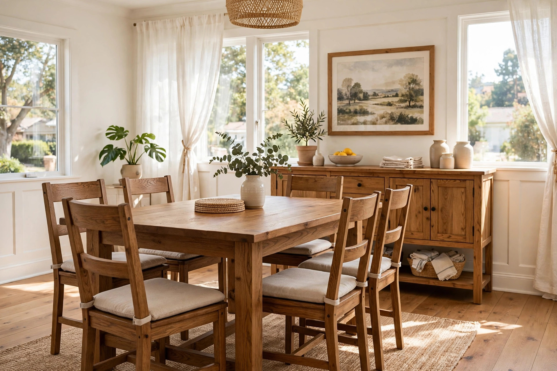 dining room sets american homes guide: Dining room set with wooden table and six chairs in an American dining room