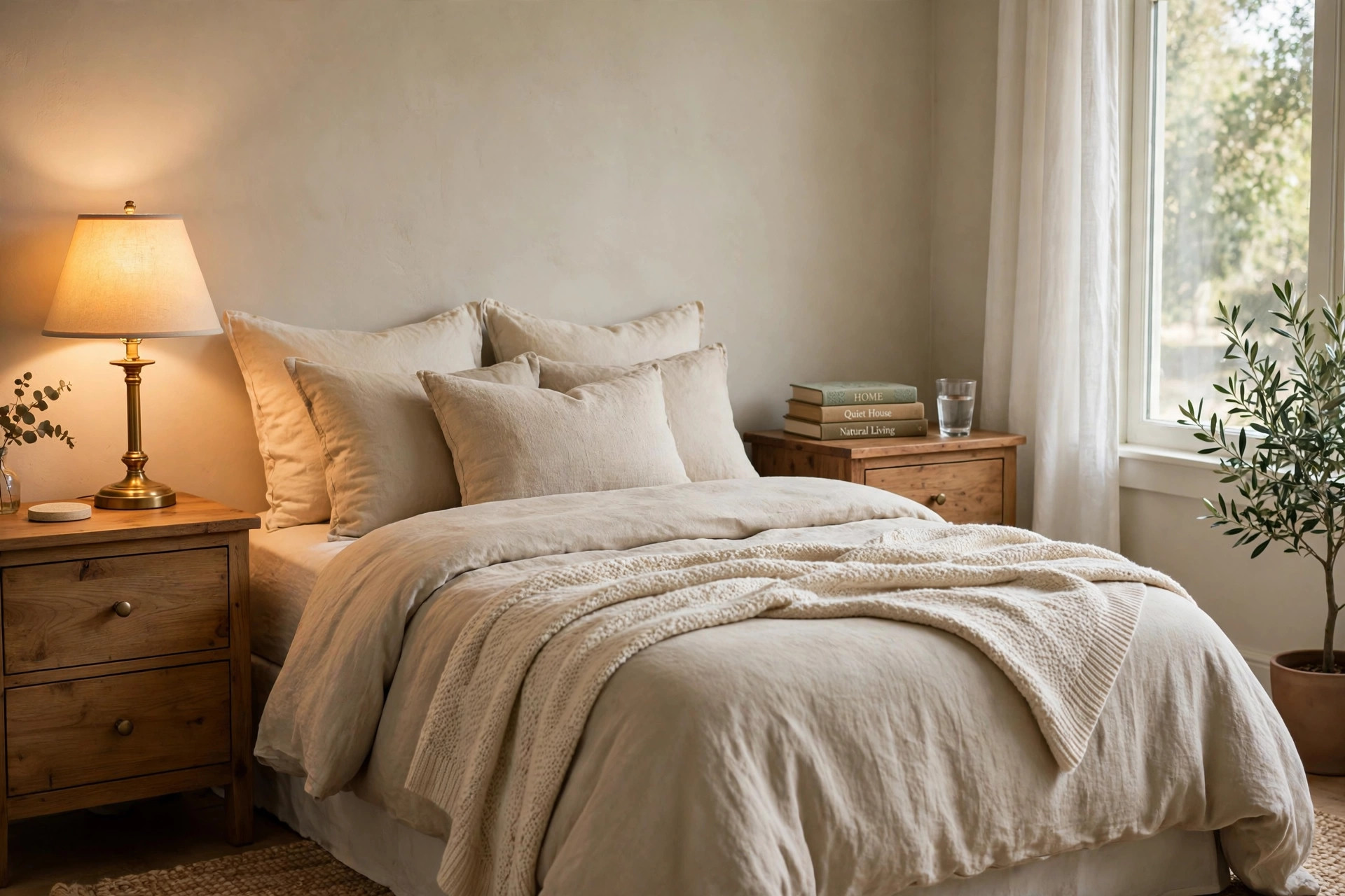 bedroom side tables american homes guide: Wooden bedroom side tables with lamp and books in an American bedroom