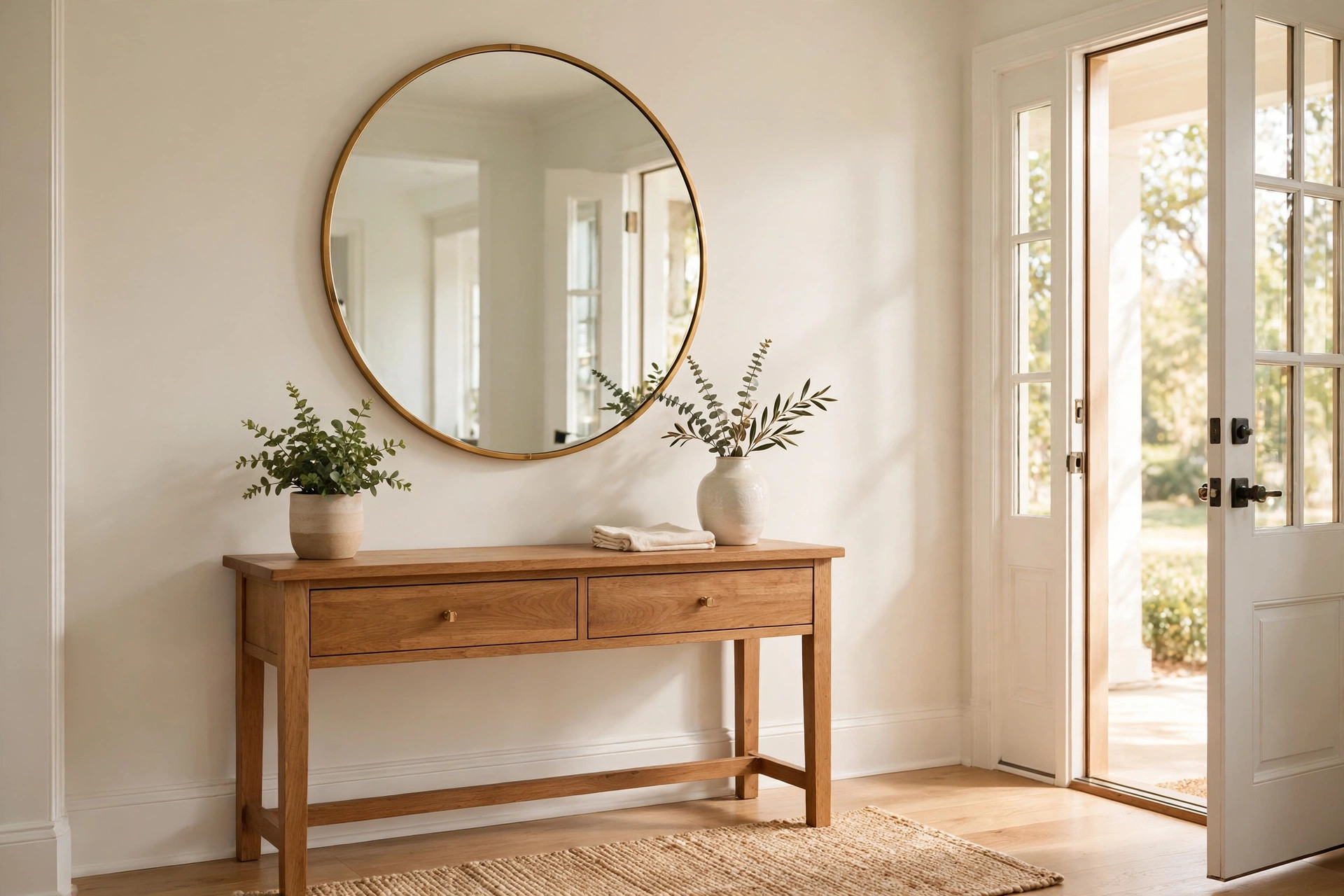 entryway decorative mirrors american homes guide: An entryway decorative mirror above a wooden console table in an American home