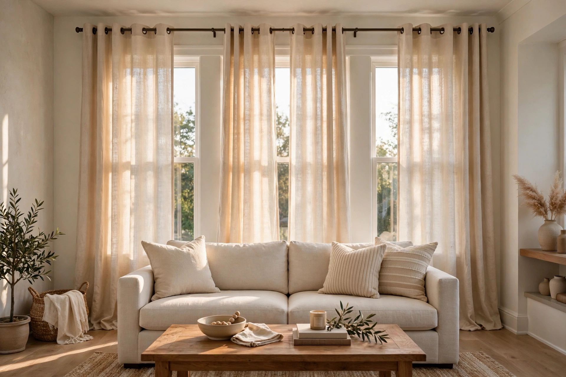 Window curtain panels american homes guide showing linen panels in a bright American living room