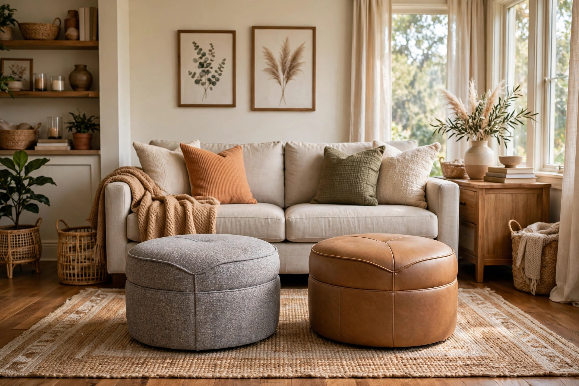 living room ottomans american homes guide: Living room ottomans arranged around a sofa in a warm American home