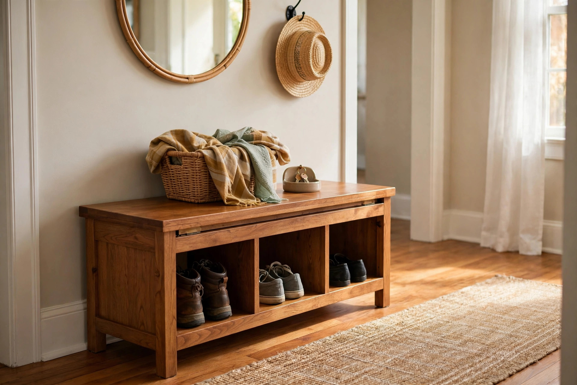 entryway storage benches american homes guide: Entryway storage bench in an American home hallway