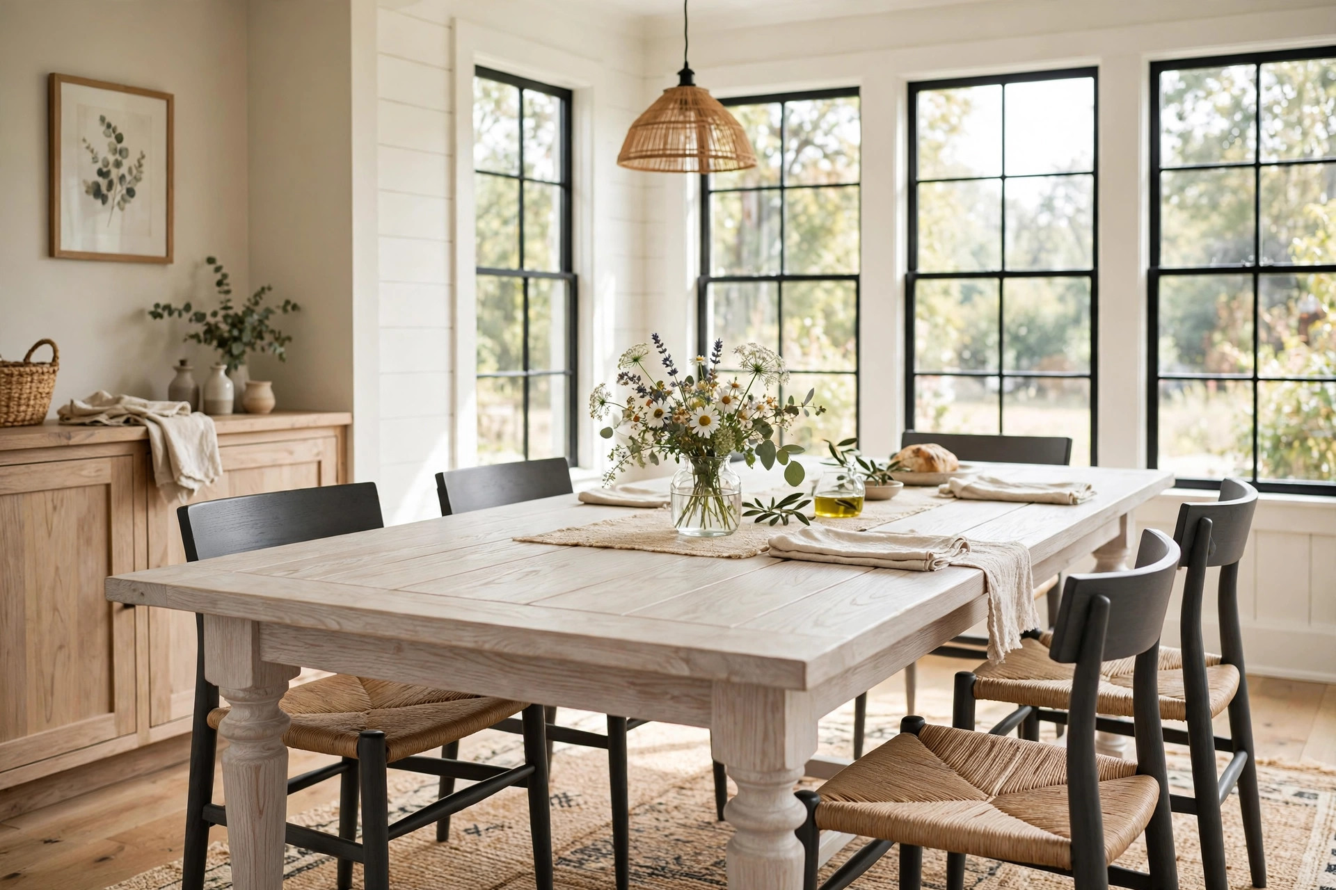 Modern farmhouse tables usa online deals in a bright American dining room