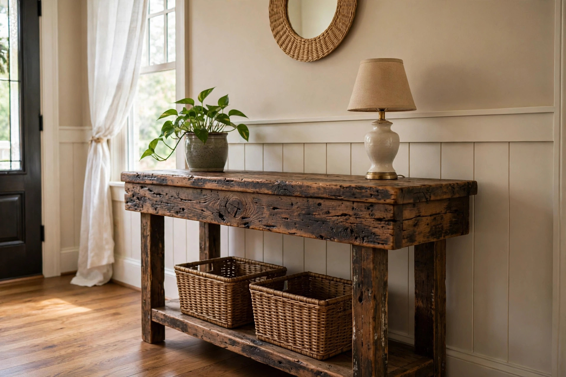 rustic console tables usa online deals: Rustic wooden console table in an American entryway