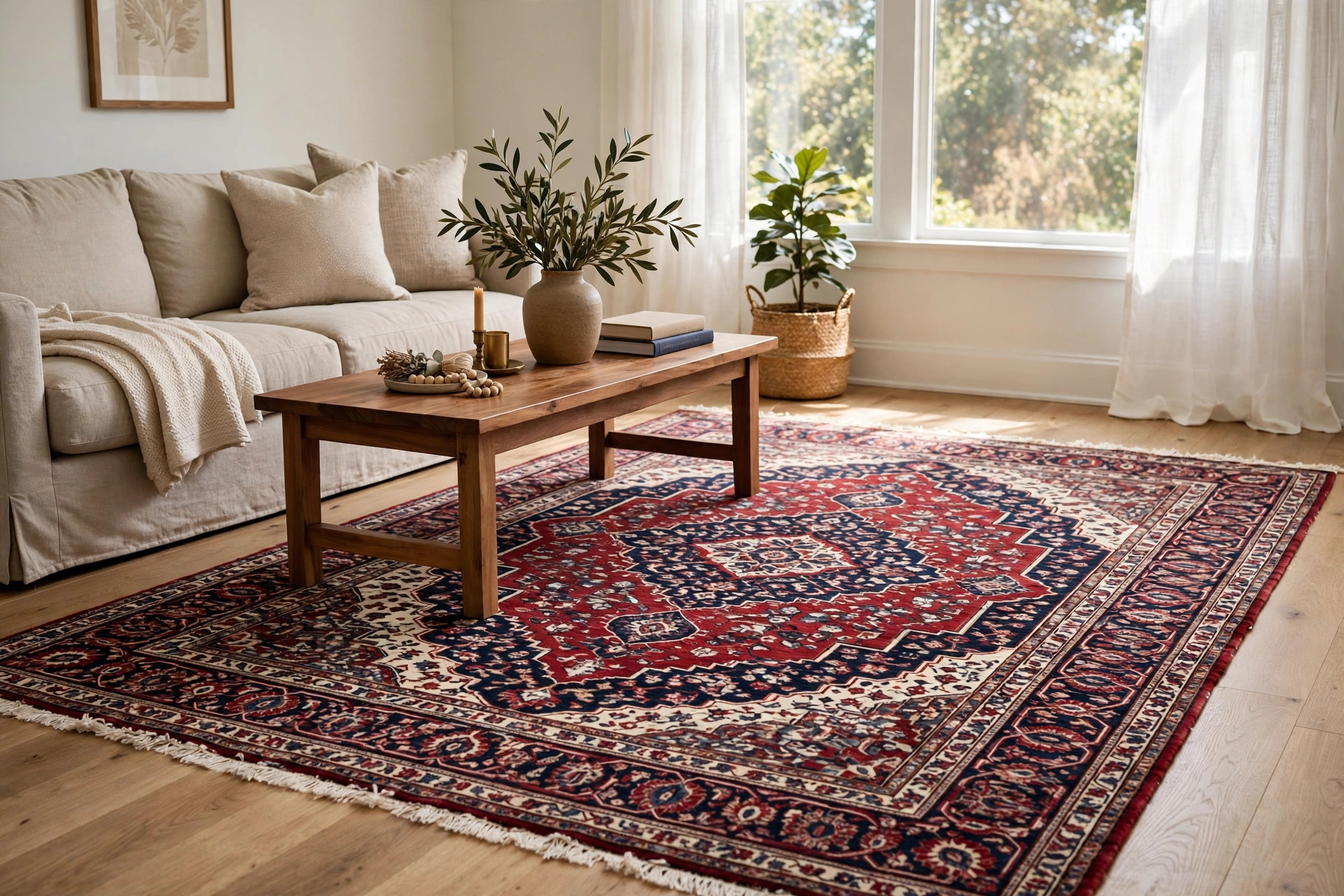 luxury area rugs usa online deals: A hand-knotted wool area rug in a bright living room, showing rich pattern and texture