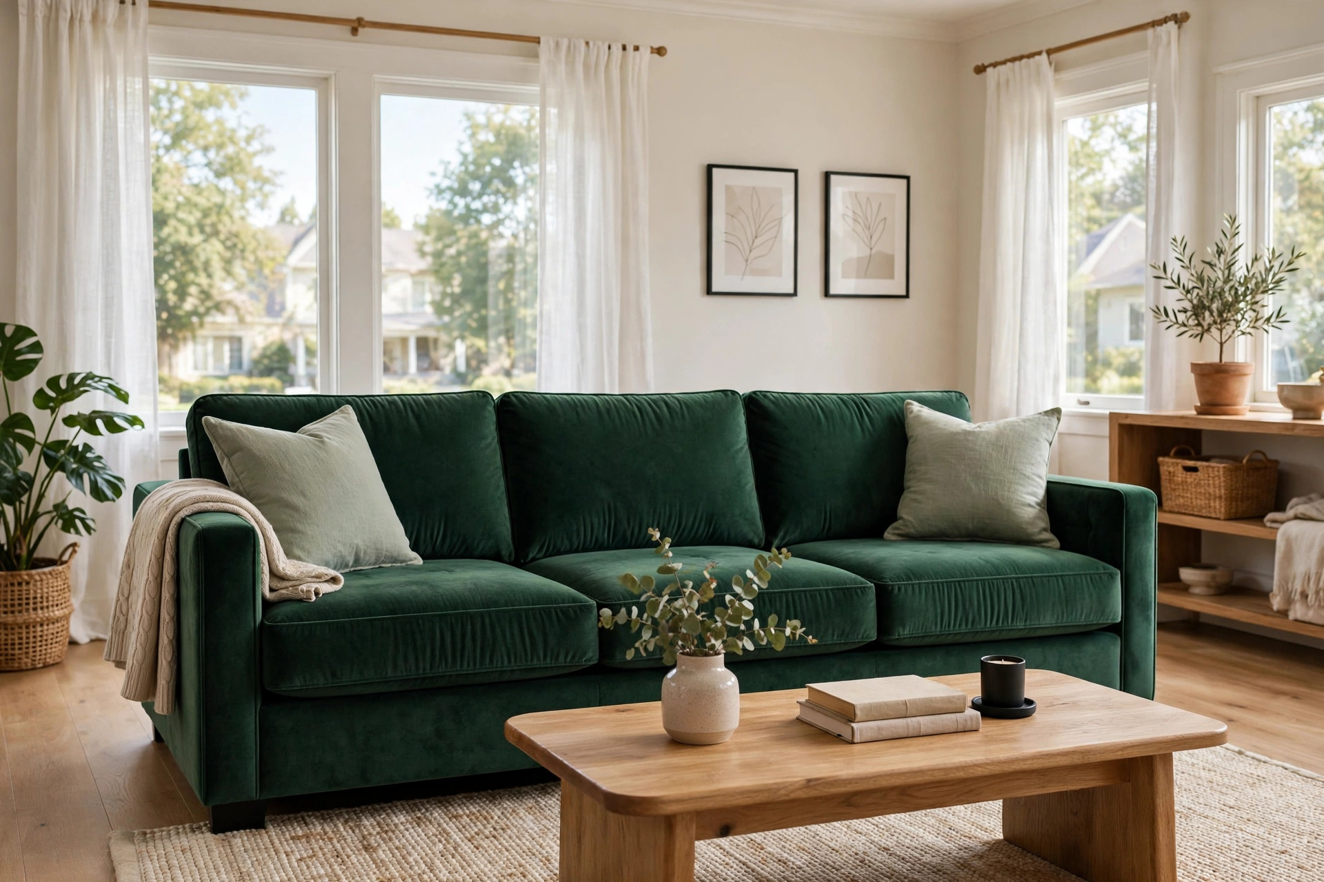 velvet living sofas usa online deals: A deep green velvet living sofa in a bright American living room, a velvet living sofa deal worth buying