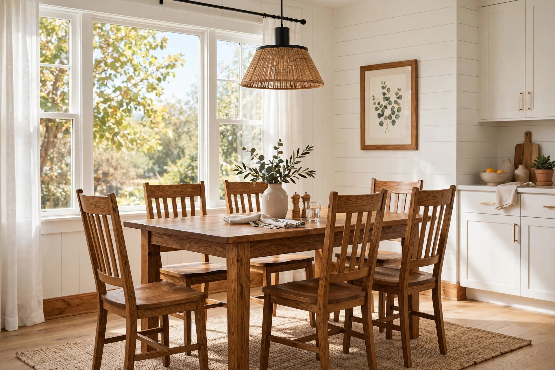 dining room sets usa online deals: Wooden dining room set with six chairs in a bright American dining room