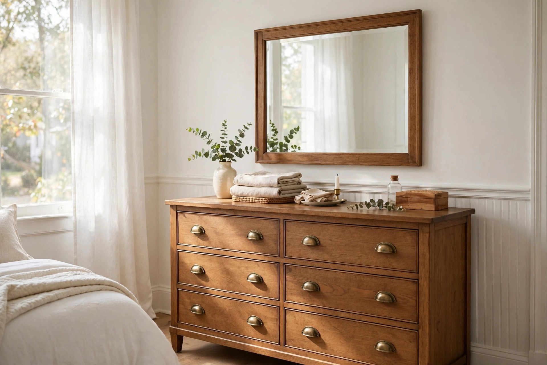 bedroom dressers mirror usa online deals: A bedroom dresser with an attached mirror in a bright American bedroom