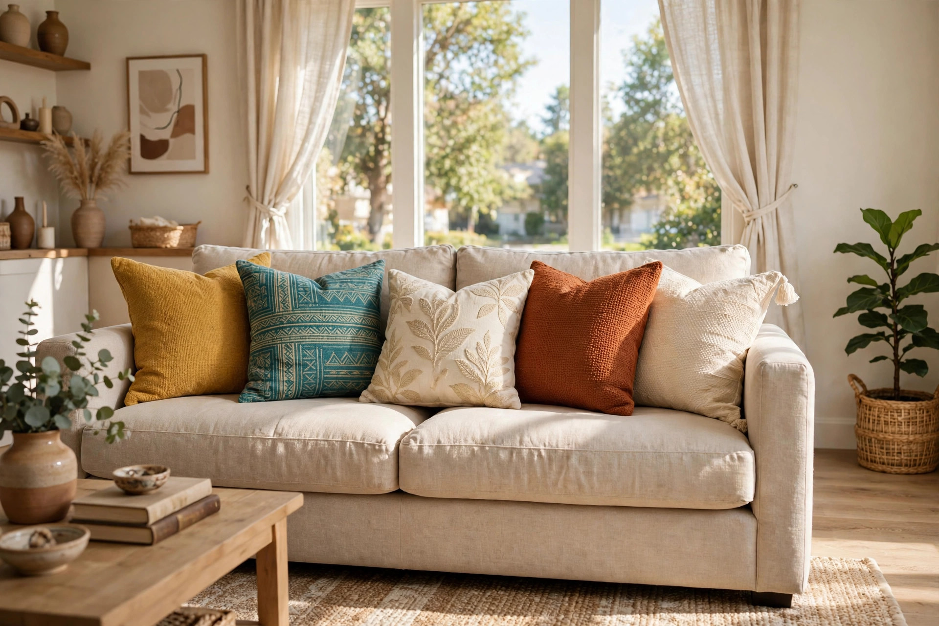 couch throw pillows usa online deals: Couch throw pillows in warm colors arranged on a sofa in an American living room