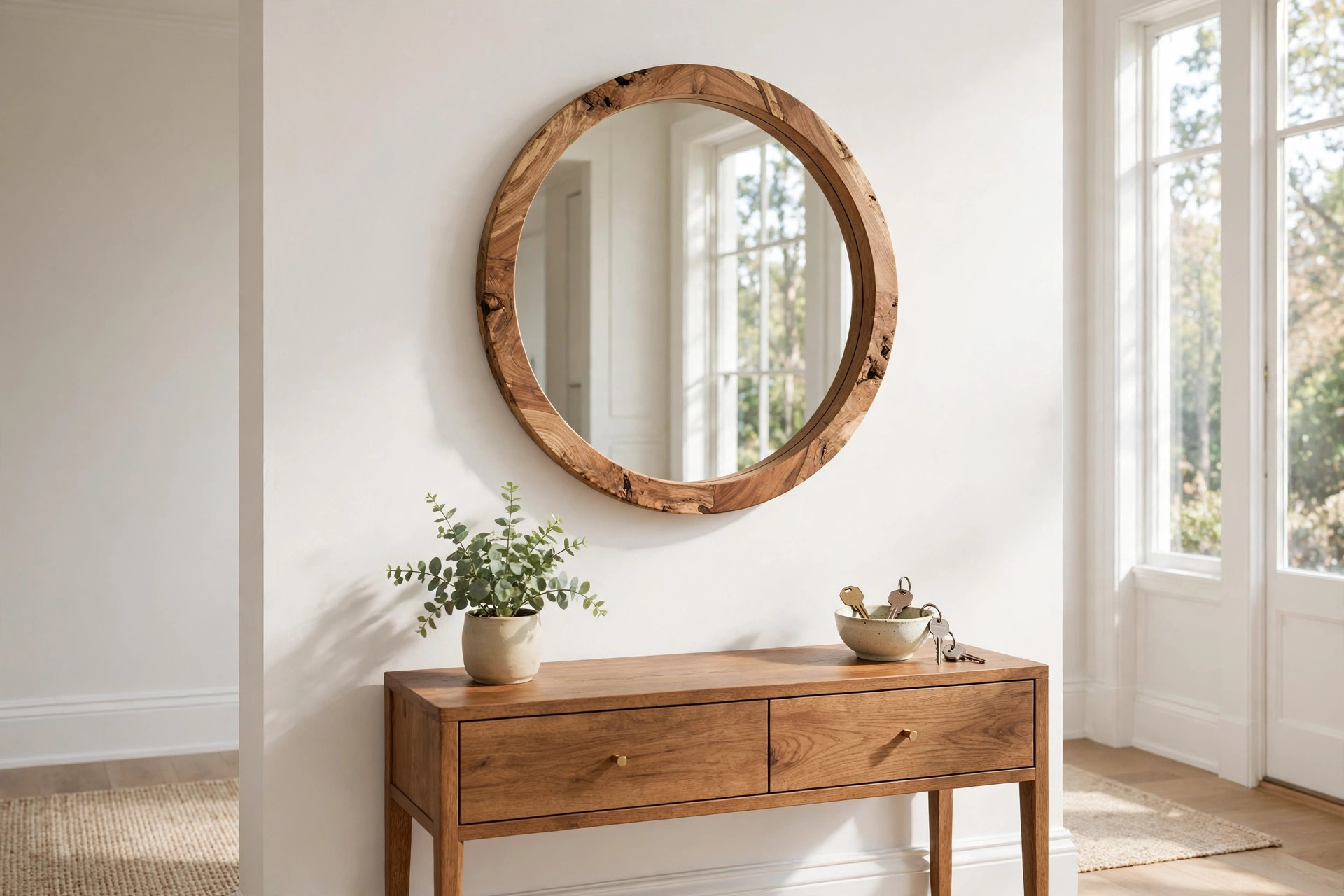 entryway decorative mirrors usa online deals: Round entryway decorative mirror above a wooden console table in a bright American foyer