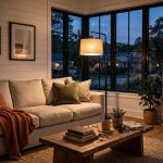 living room floor lamps usa online deals: A modern arc floor lamp glowing beside a sofa in an American living room