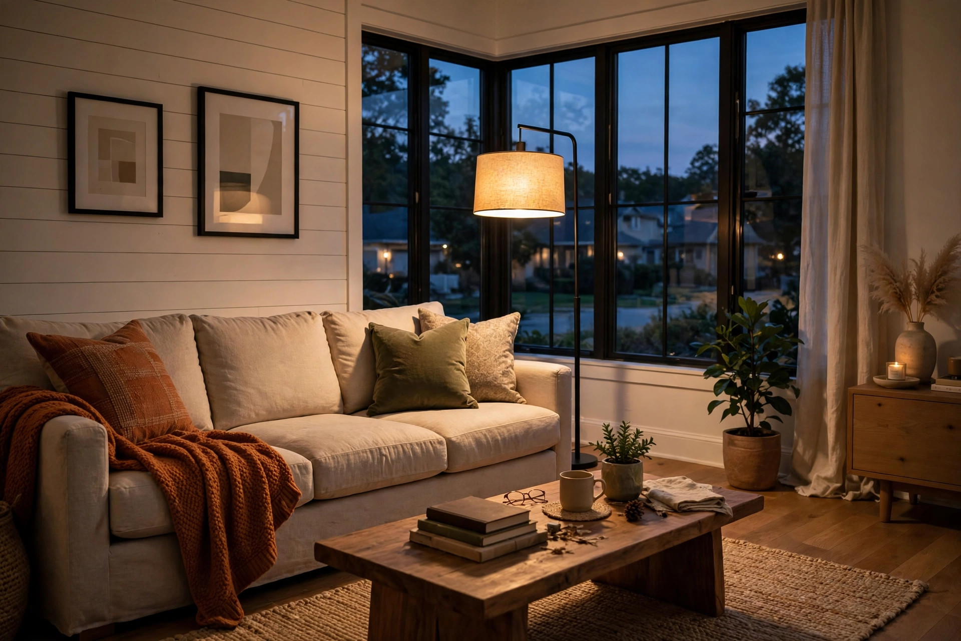 living room floor lamps usa online deals: A modern arc floor lamp glowing beside a sofa in an American living room