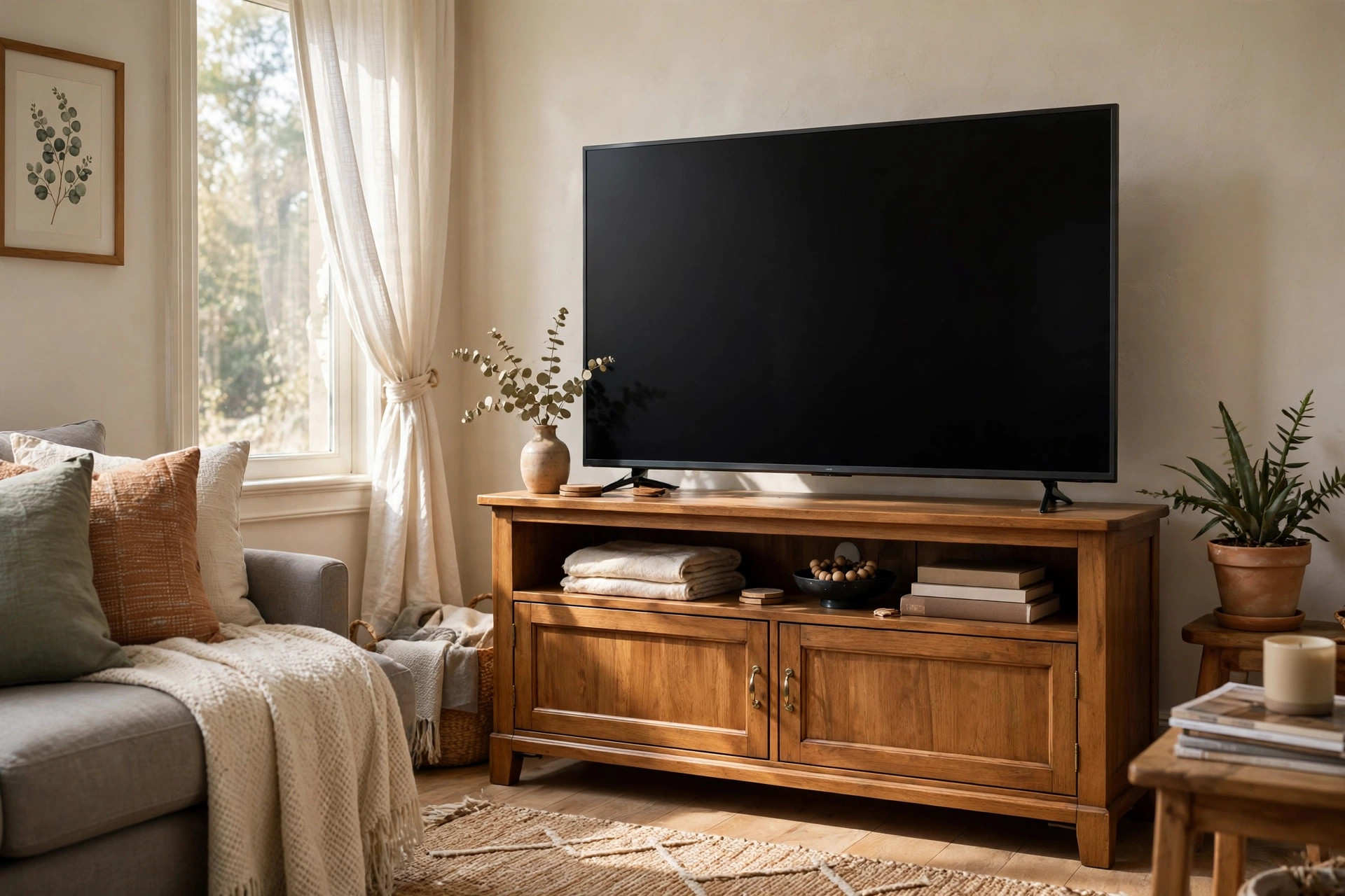 living room tv stands usa online deals: Wooden TV stand holding a flat-screen television in a warm living room