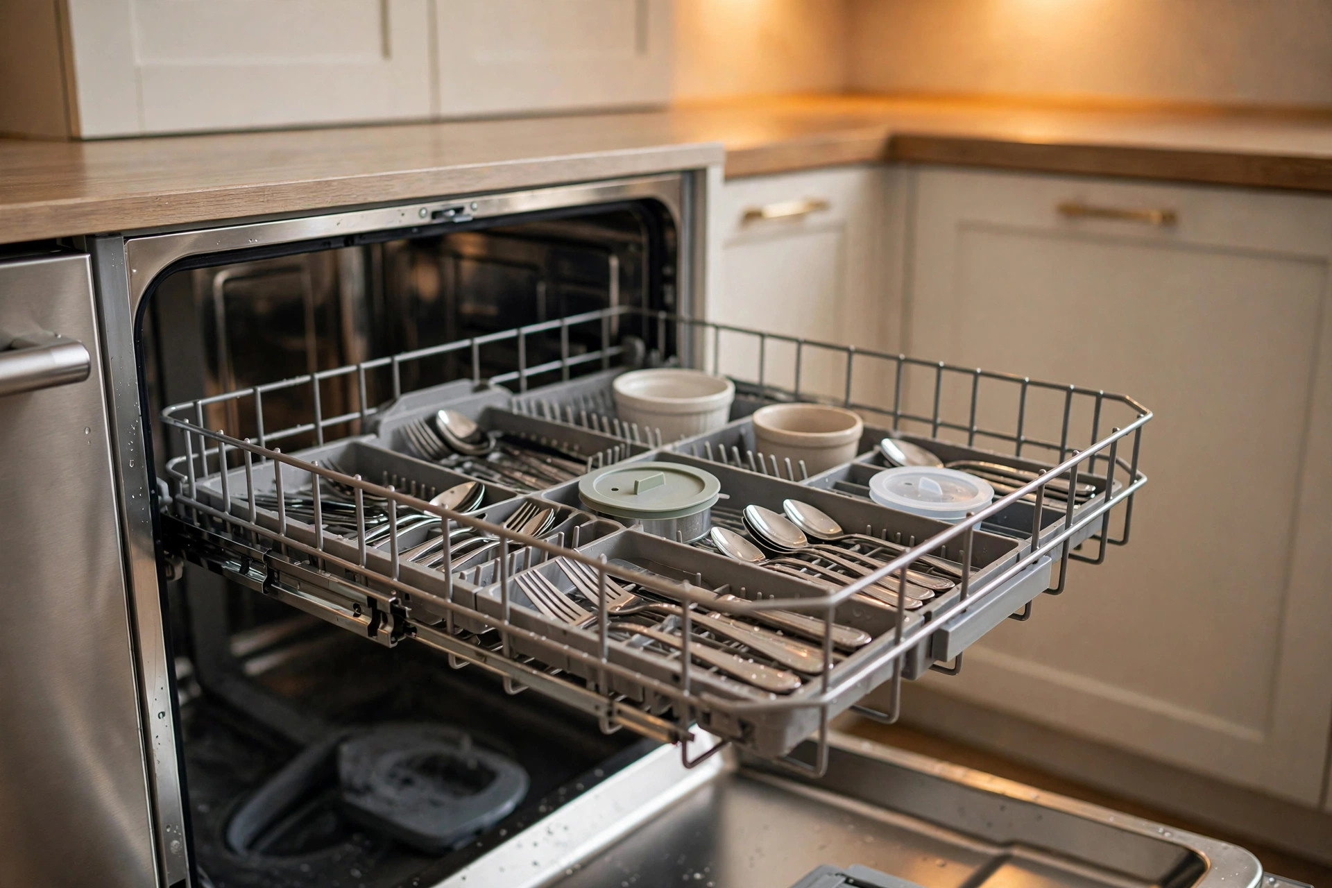 dishwasher third rack buying guide usa: A dishwasher with its third rack pulled open showing silverware and utensils laid flat