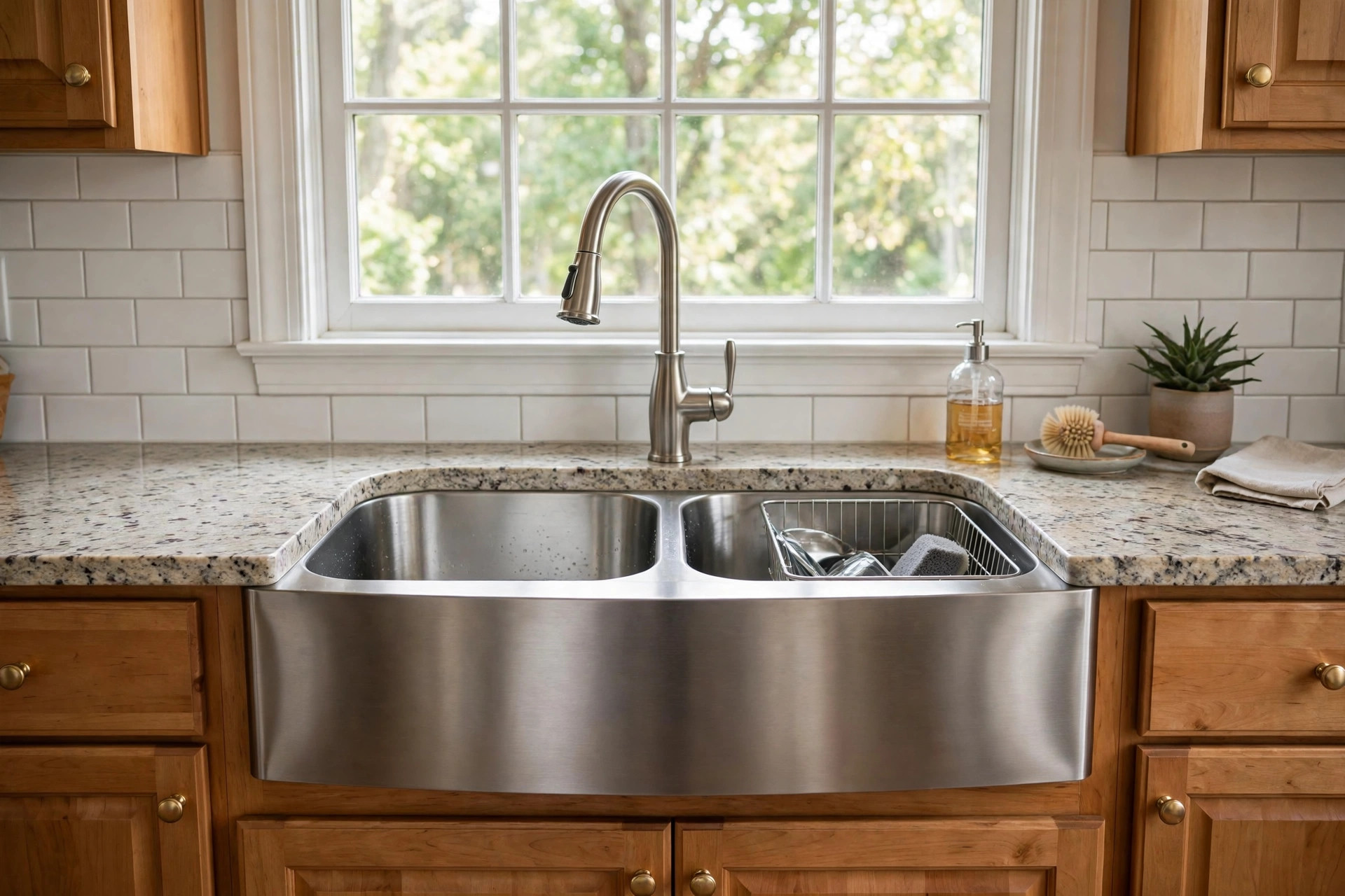 undermount stainless sinks buying guide usa: Undermount stainless steel kitchen sink mounted beneath a granite counter in an American home