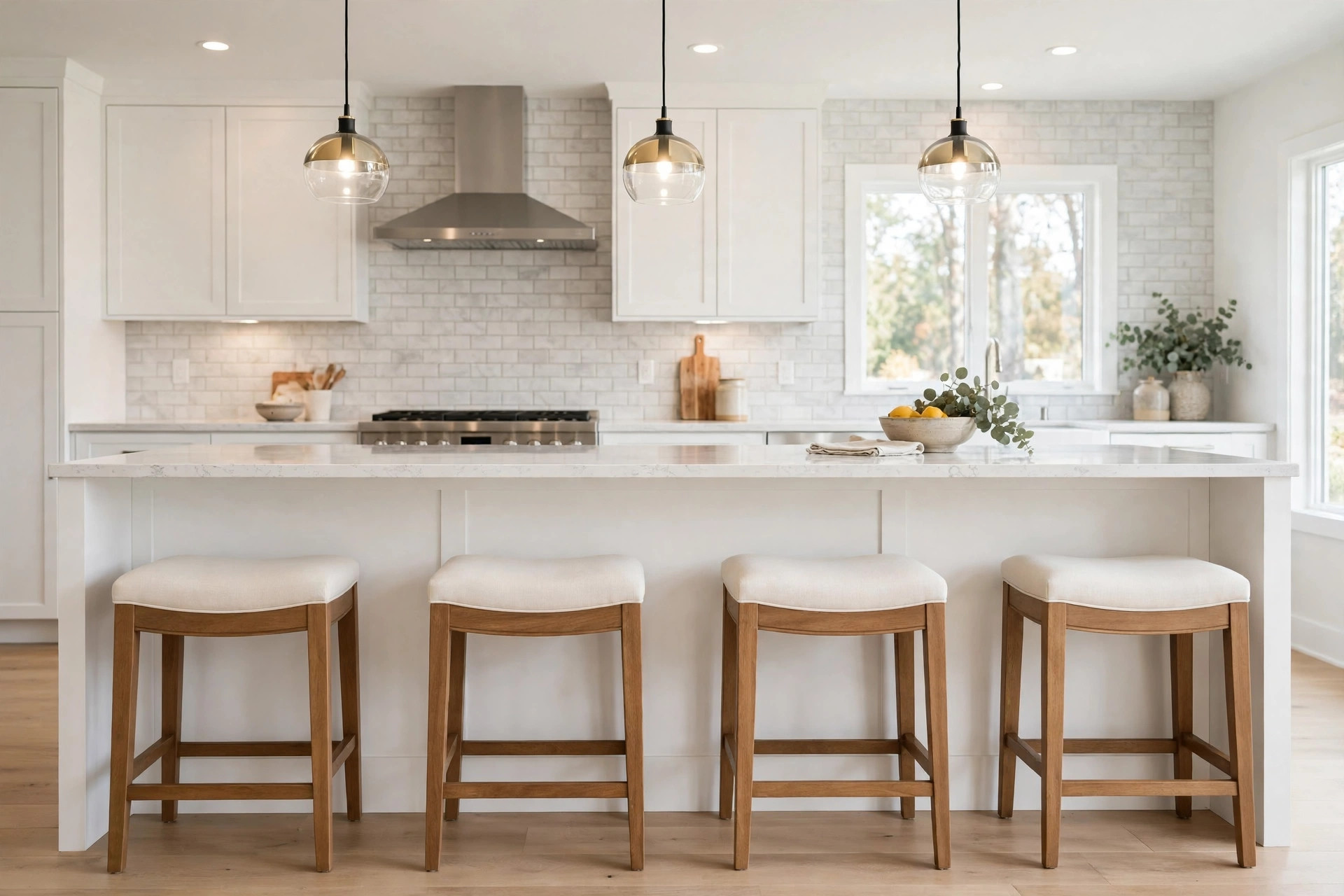 Kitchen island seating buying guide USA: four wooden counter stools with upholstered seats at a white kitchen island with quartz countertop in a bright American kitchen