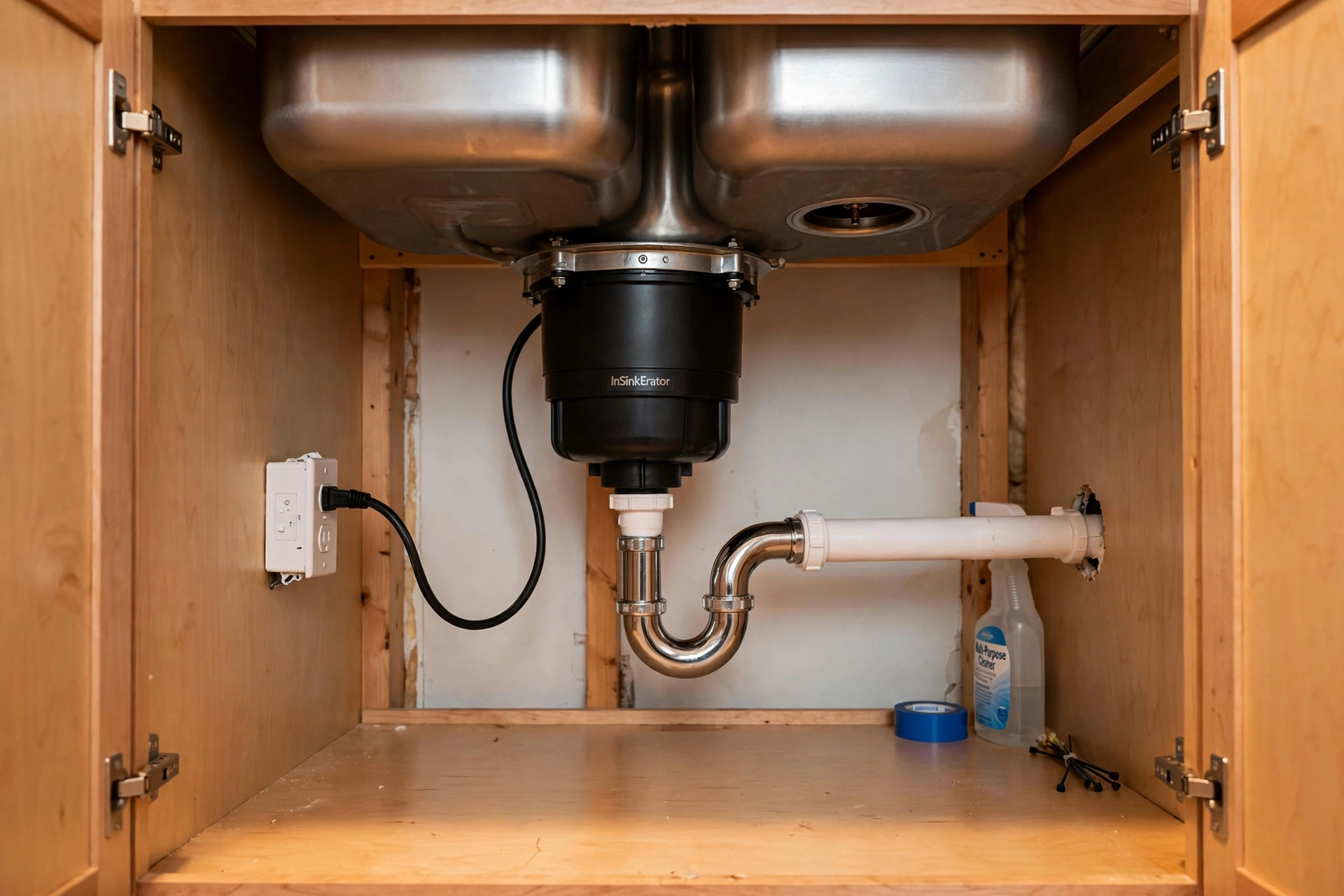 Garbage disposal installation buying guide usa — new unit mounted under a kitchen sink