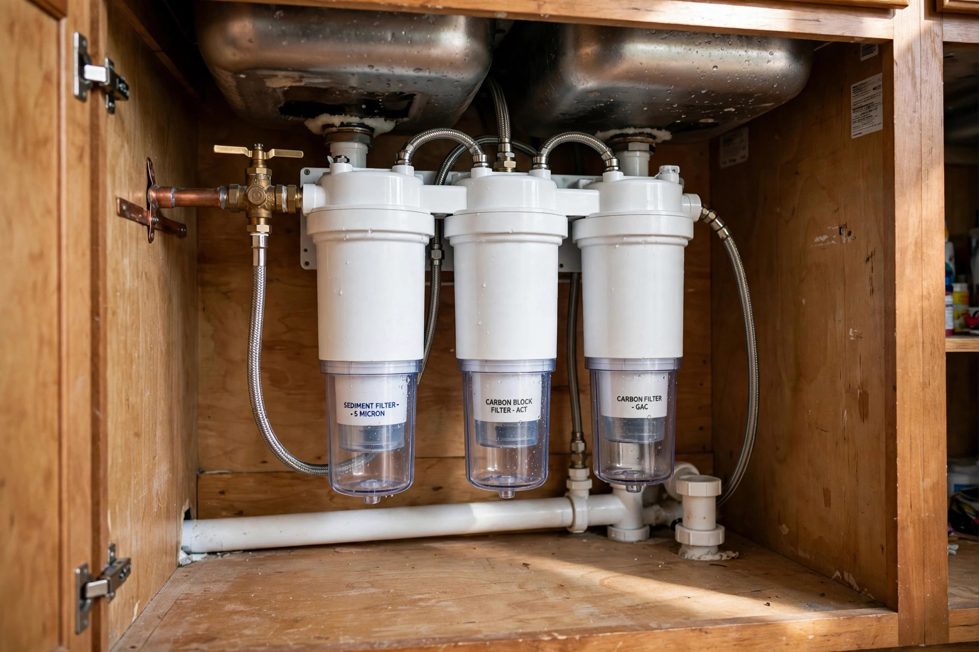 under sink filters buying guide usa: Under sink water filter installed in a kitchen cabinet