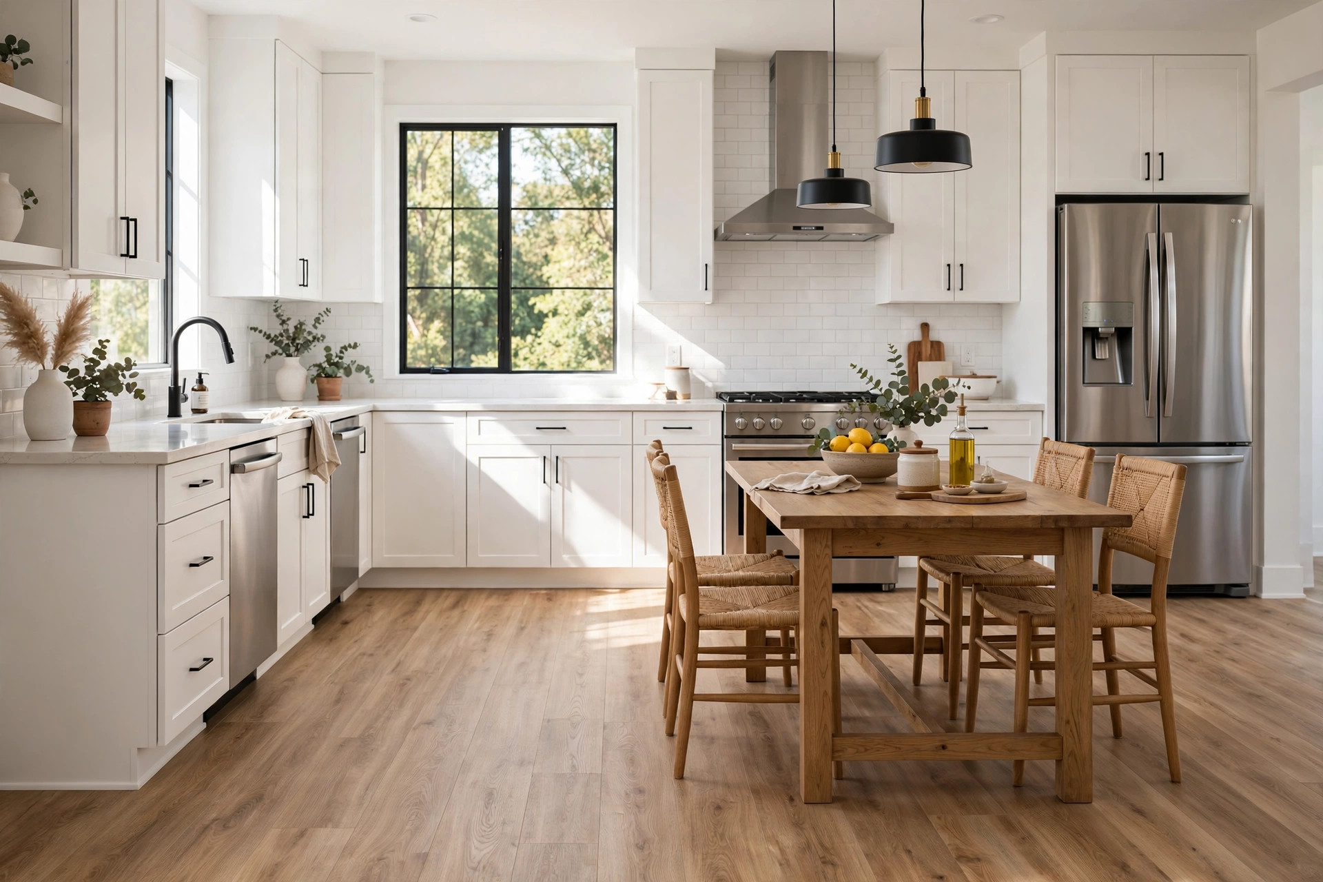 vinyl plank flooring buying guide usa: Vinyl plank flooring installed in a bright American kitchen