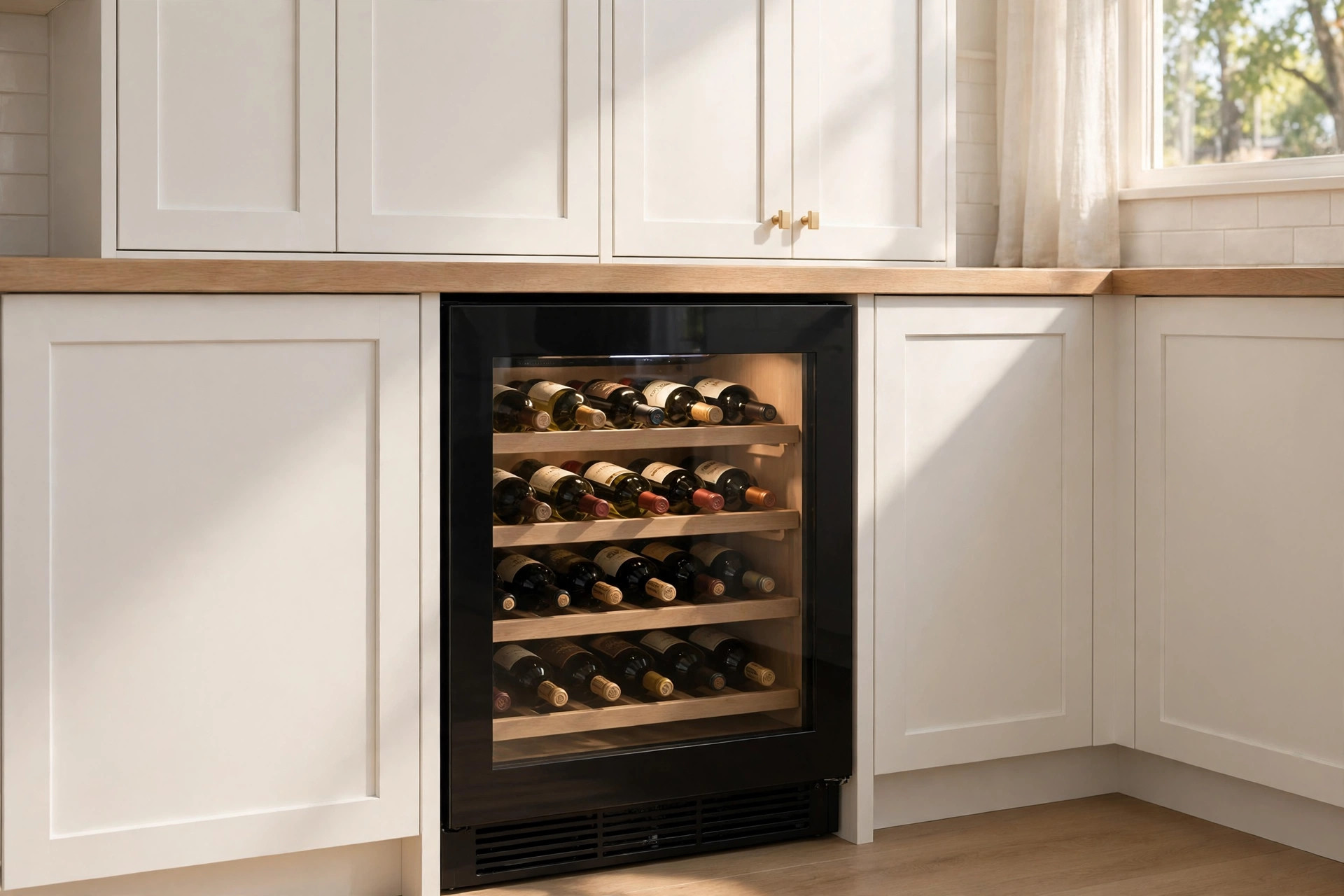 under counter wine fridges buying guide usa: Under counter wine fridge installed in a modern American kitchen