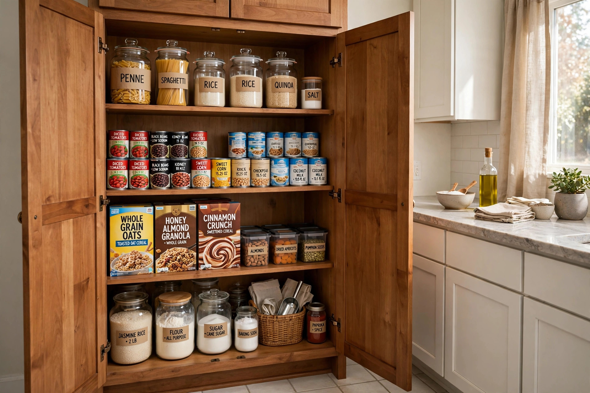kitchen pantry cabinets buying guide usa: Kitchen pantry cabinet in a real American kitchen, with organized shelves of dry goods