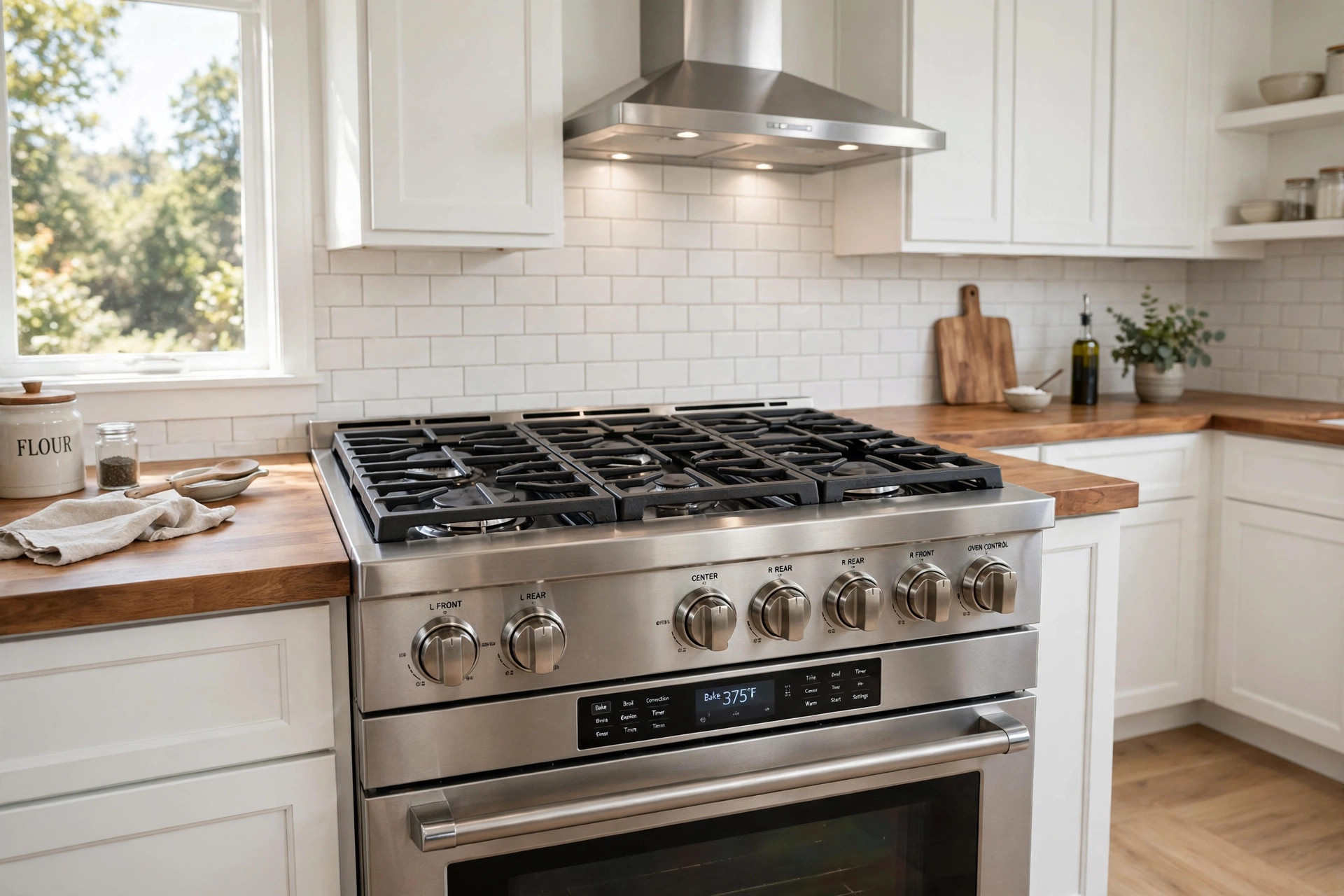 dual fuel ranges buying guide usa: A stainless dual fuel range with gas cooktop and electric oven in a bright American kitchen