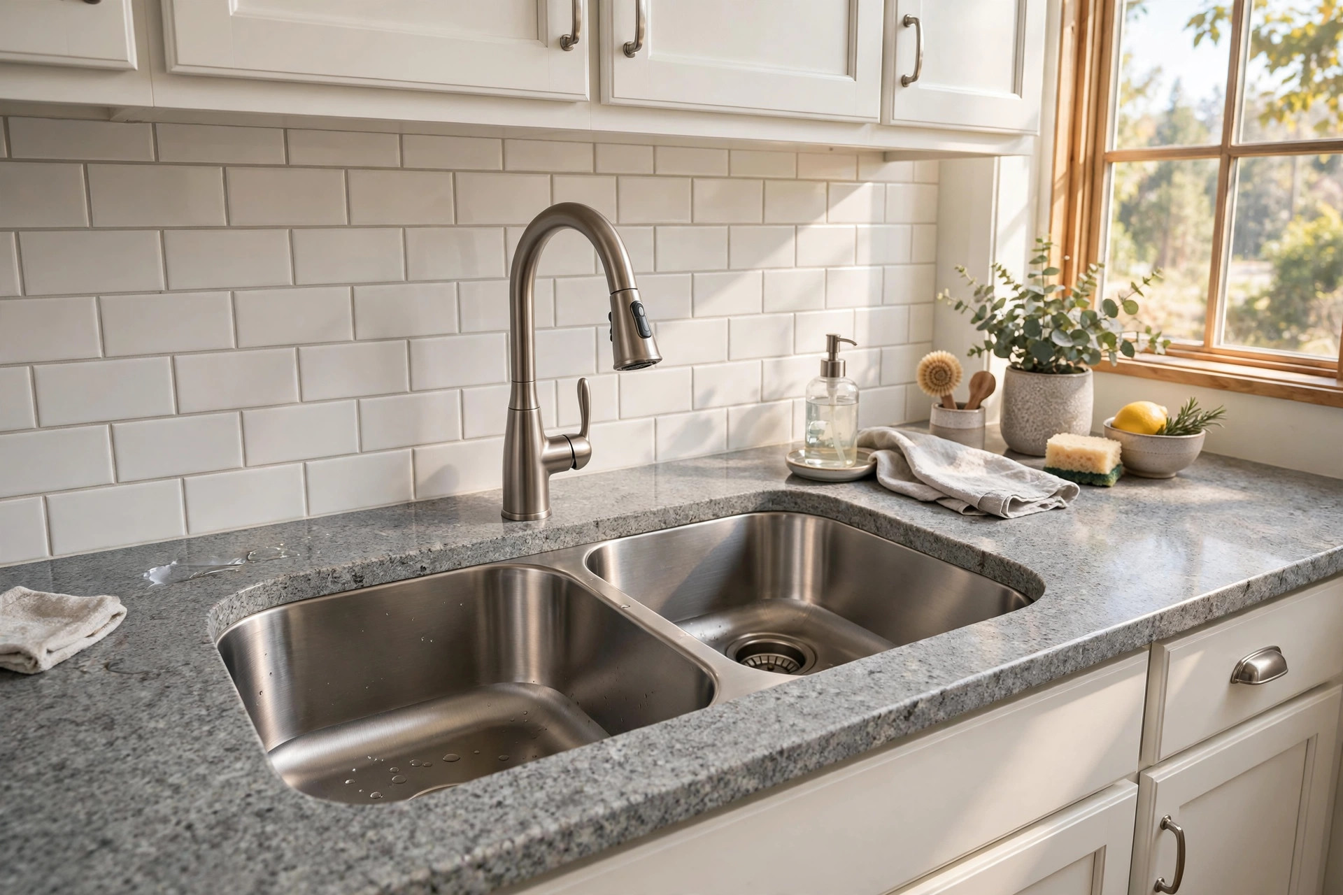 undermount stainless sinks for sale usa: Undermount stainless steel kitchen sink installed under a granite countertop