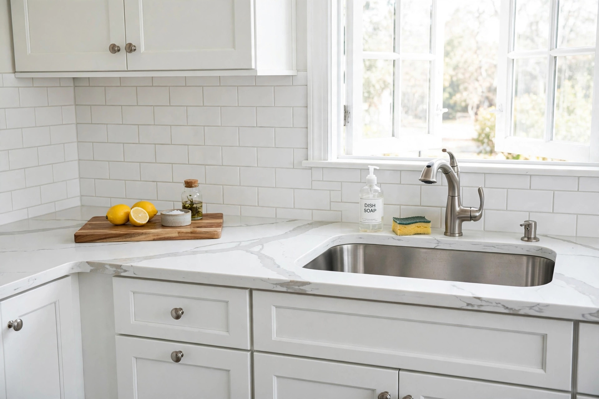 quartz countertop installation for sale usa: Quartz countertop installation in an American kitchen with white shaker cabinets