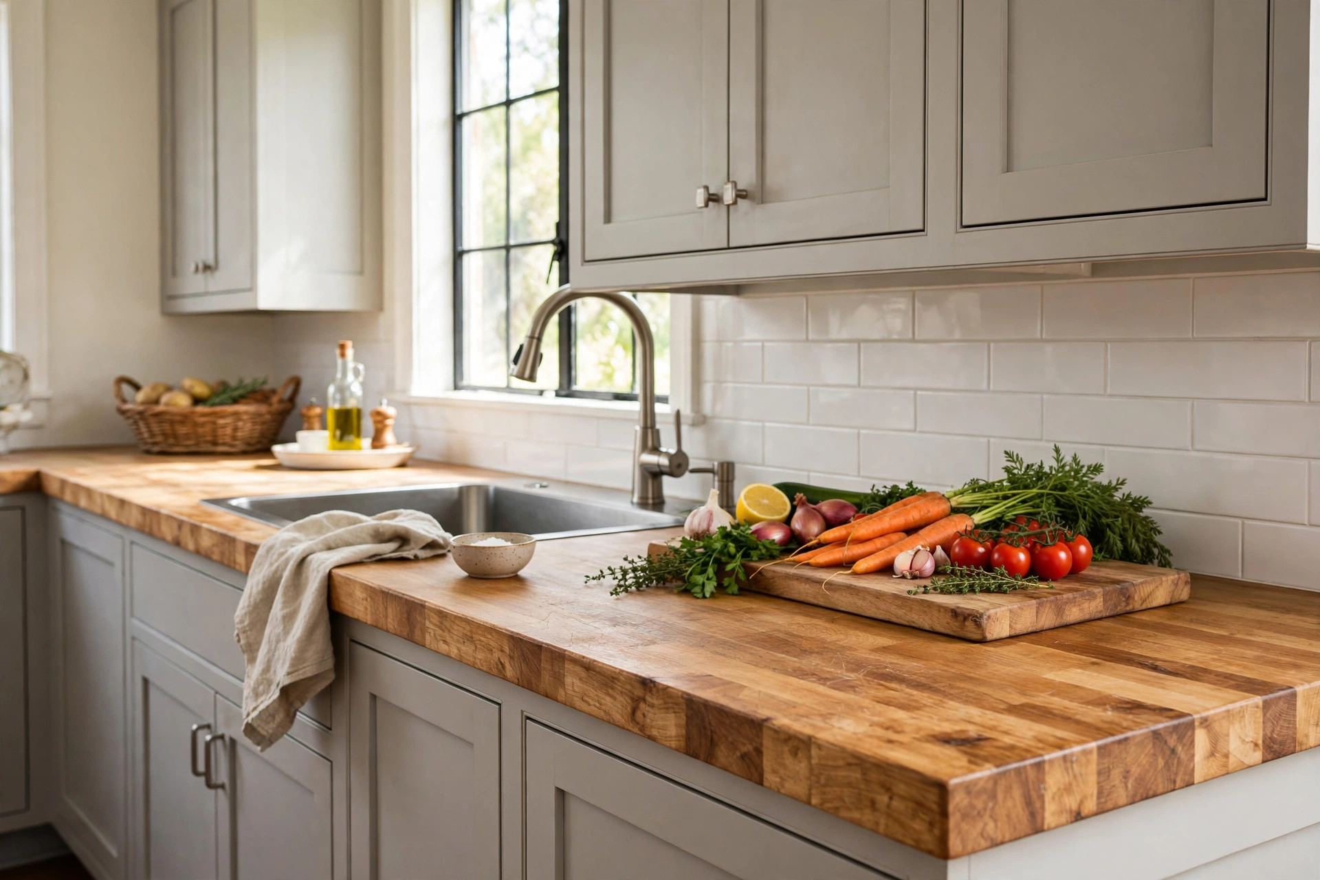 Butcher block countertops for sale USA in an American farmhouse kitchen