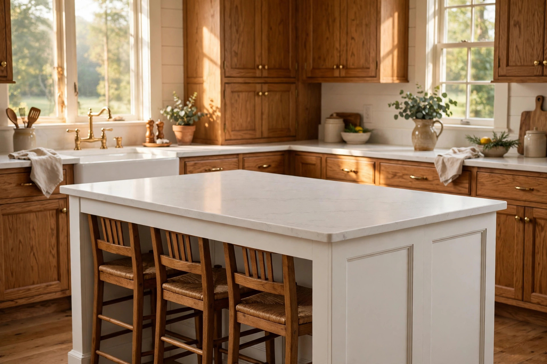 Kitchen island seating for sale USA: wooden stools tucked under a farmhouse kitchen island