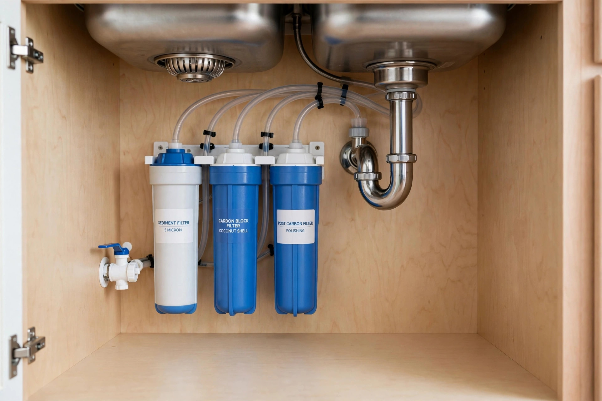 under sink filters for sale usa: An under sink water filter system with cartridges mounted in a clean kitchen cabinet