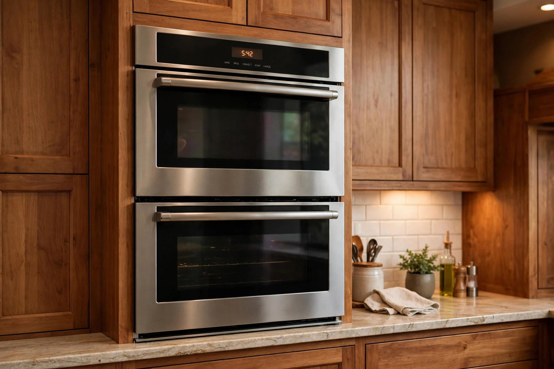 double wall ovens for sale usa: Double wall oven unit in a modern American kitchen