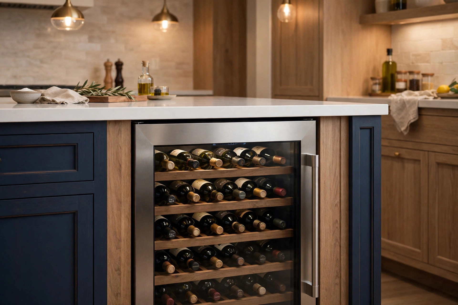 under counter wine fridges for sale usa: Under counter wine fridge for sale USA installed in a kitchen island