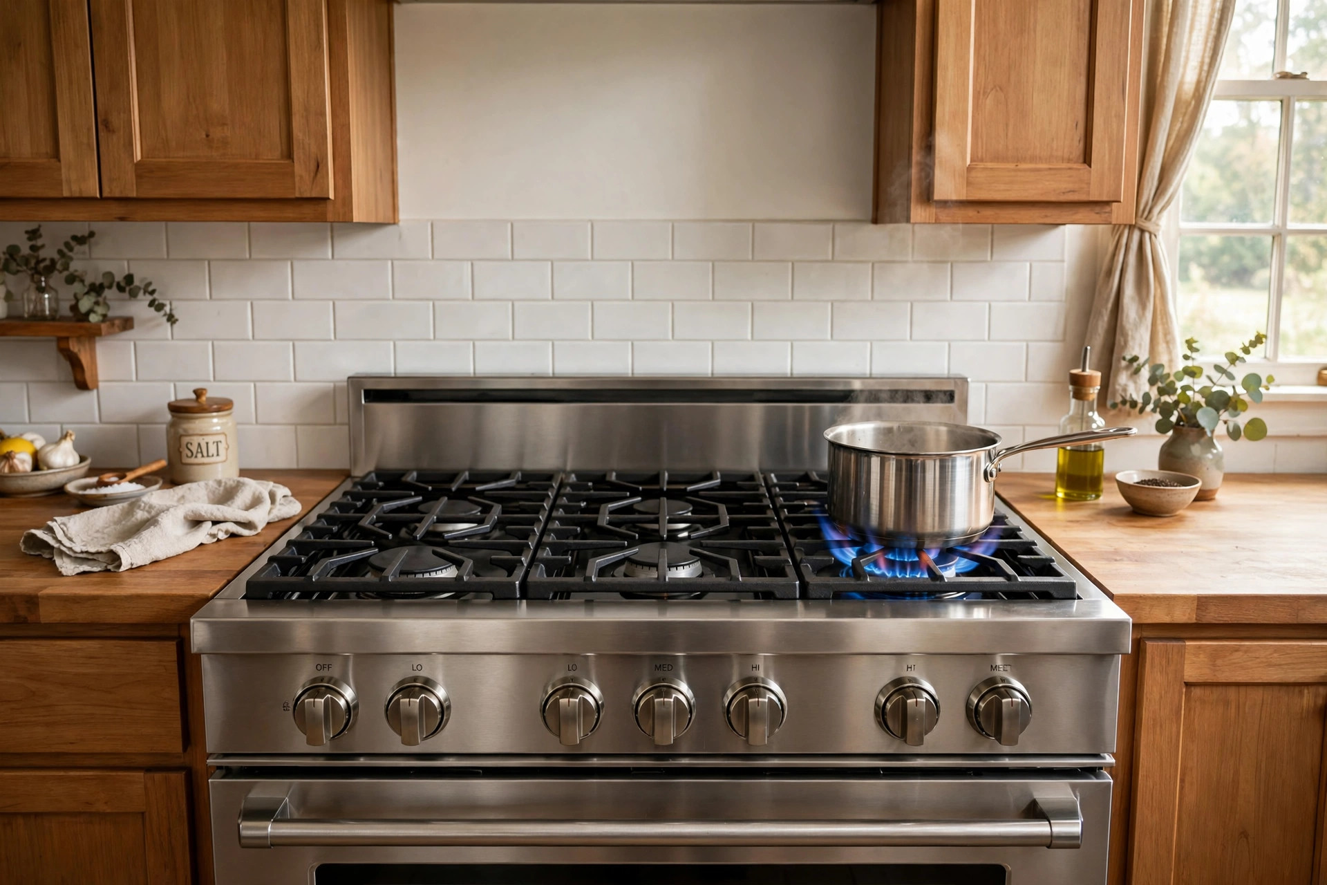 gas kitchen ranges deals near me: A gas kitchen range in a clean American kitchen
