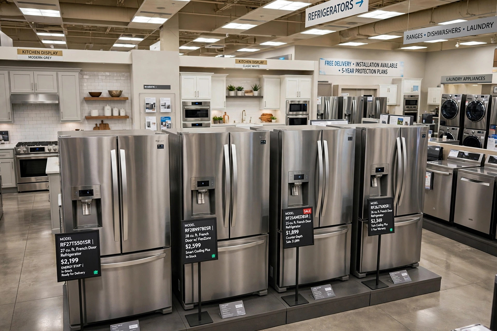 French door refrigerators deals near me displayed in an American appliance showroom