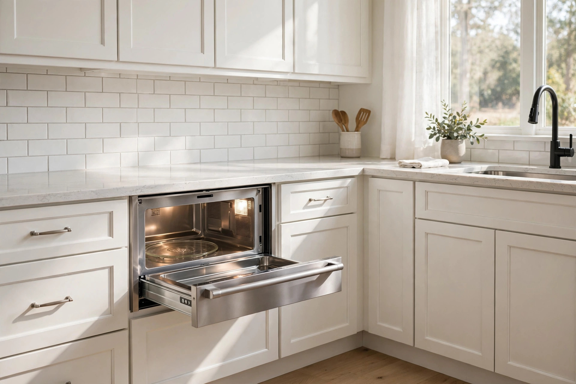 microwave drawer units deals near me: Microwave drawer unit installed below a kitchen countertop